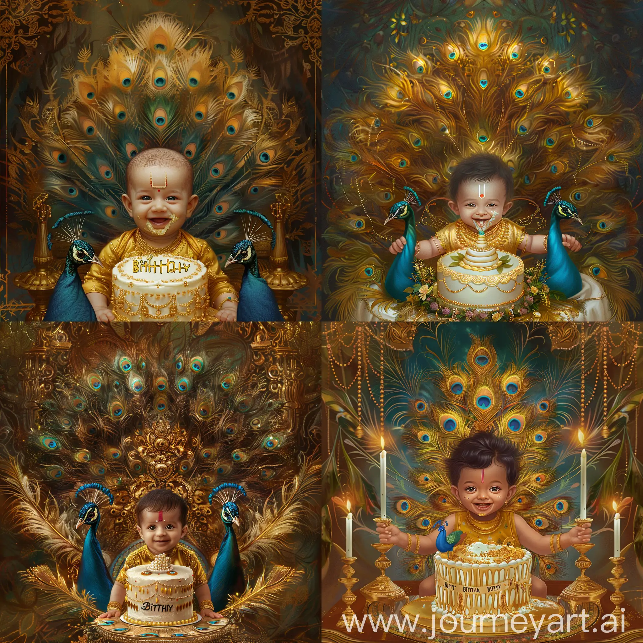 1 month infant Newborn anime boy with a "Birthday Cake", dressed in golden top, traditional Indian Hindu Malayalam Kerala attire, radiating happiness, poised in front of a large birthday cake with peacock feathers adorning the scene, invitation card theme,  delicate gold jewelry, soft smile, inviting friends and family to join the one-month celebration, intricate patterns, symmetrical composition, painted texture, volumetric lighting casting an ethereal glow, rich and deep color palette, sharp focus, ultra-detailed, combining styles of Dan