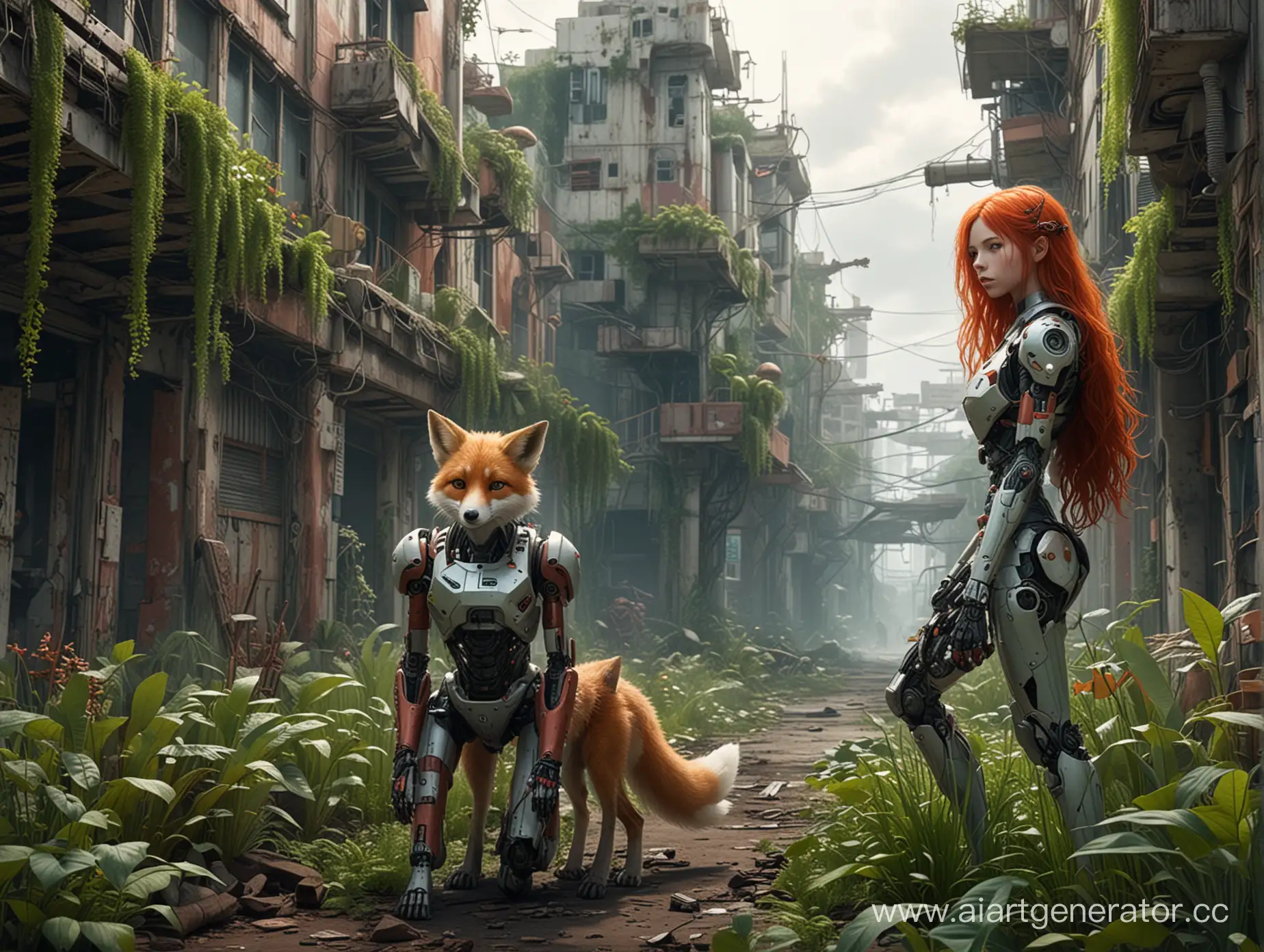 RedHaired-Cyborg-Girl-and-Pet-Fox-Robot-in-Overgrown-Abandoned-City