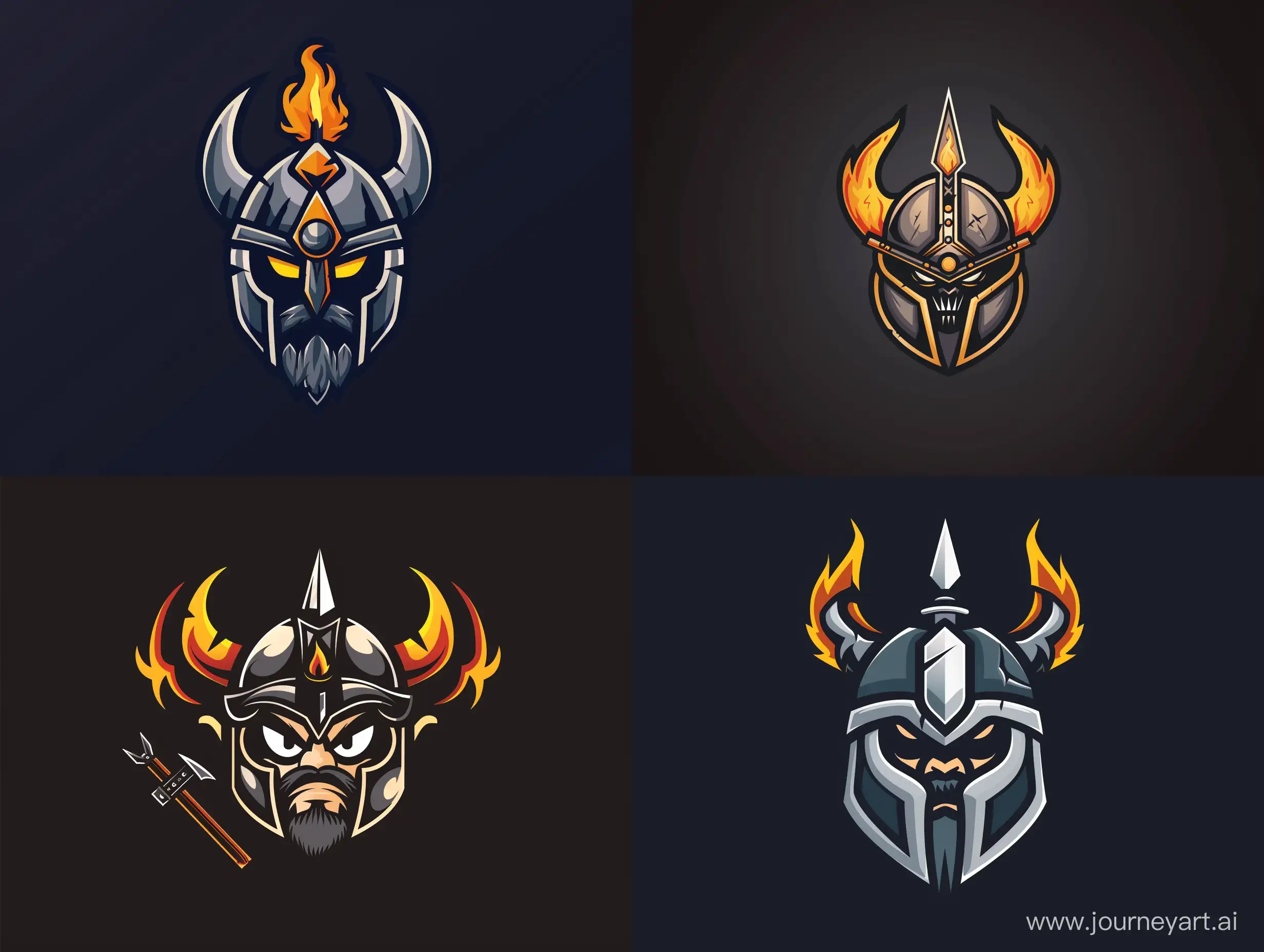 Create a logo in style cartoon / e-sport, with viking head with spike stick that goes throught the helmet with little flame at the top, gladiator, 4k realistic, black background