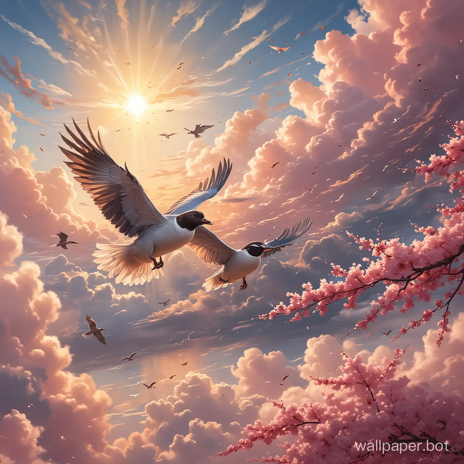 This image depicts two birds soaring through the clouds. The bird above appears to be a larger species, gliding gracefully, while the bird below resembles a duck with its feather details clearly visible. The background is illuminated by bright sunlight piercing through the clouds, casting a dreamy and serene ambiance. Additionally, there is a blooming cherry blossom in the top right corner, adding a touch of vibrant color to the scene. Overall, this is a poetic and romantic visual composition.