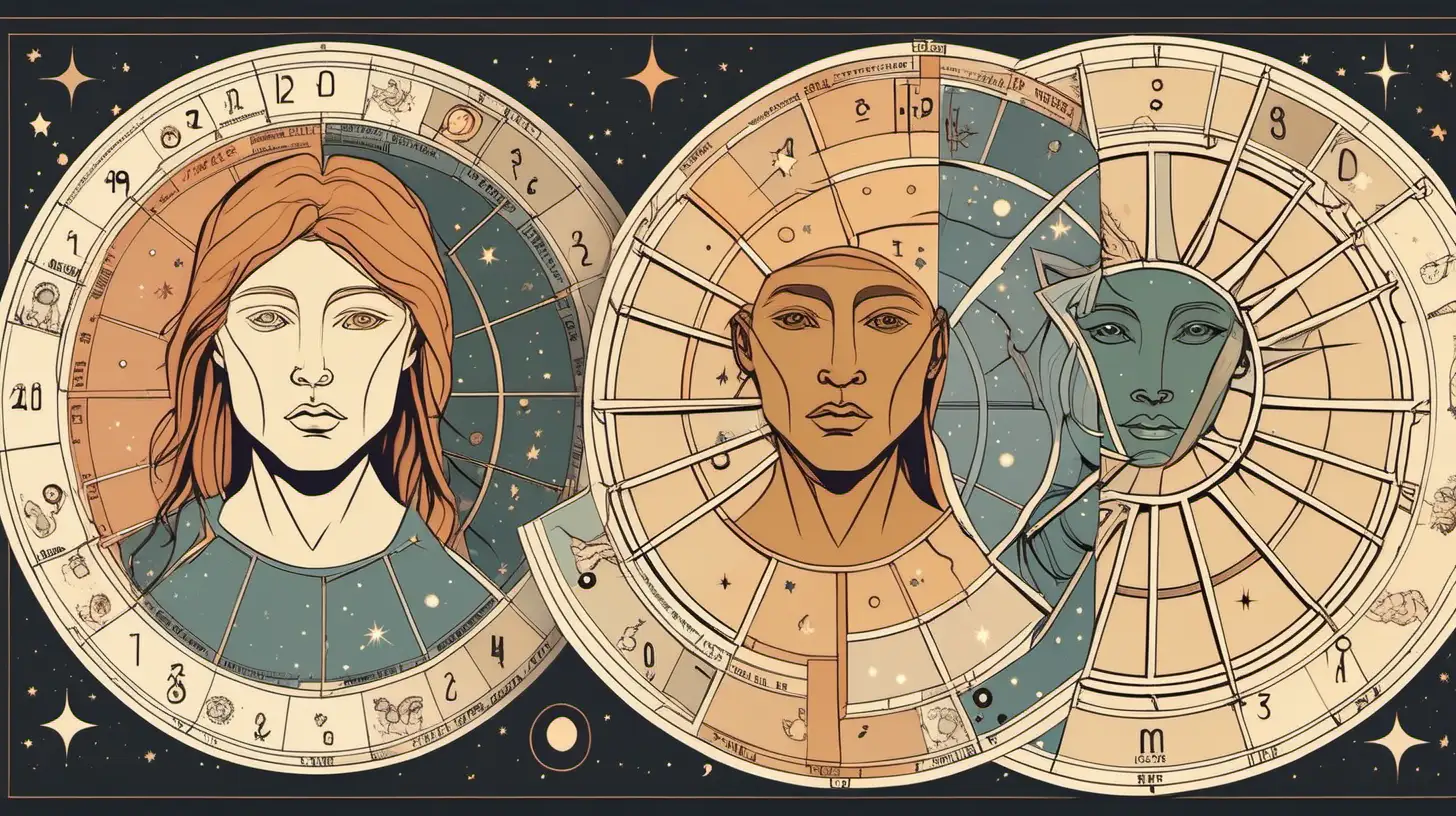 Astrological wheel with unisex human face, Loose lines, muted colors palette