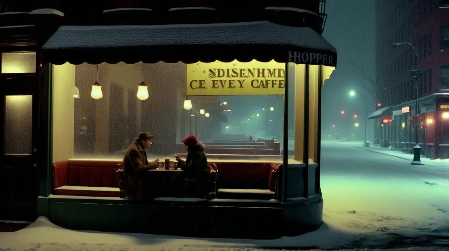 Nighttime Cafe Encounter Couple Embracing Warmth in NYC Snowstorm