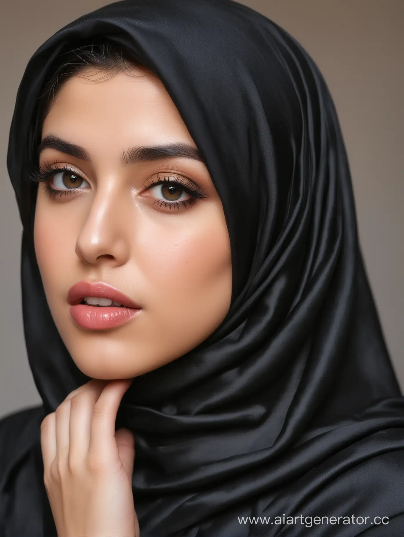 Иранская девушка, на ней шелковый хиджаб черного цвета, у неё пышные губы и большая грудь