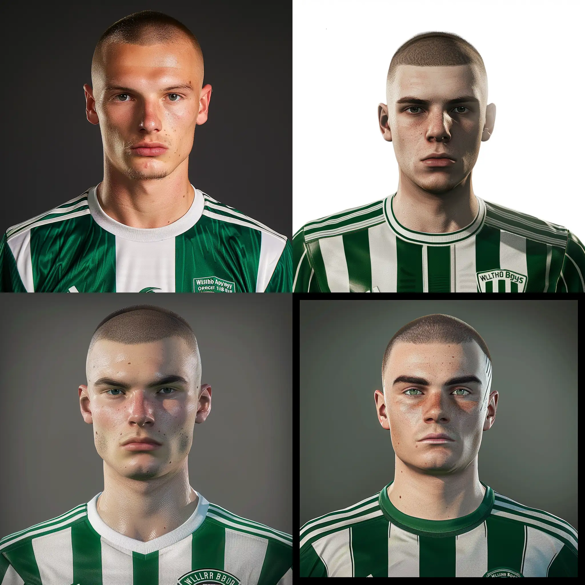 Ultra Realistic team profile photo of 18 year old football player for Waltham Abbey Football Club. Green white striped football jersey. The person is Of Scottish origin, buzz cut, minimalistic stubble. Serious look. picture from a facepack from Football Manager 23.