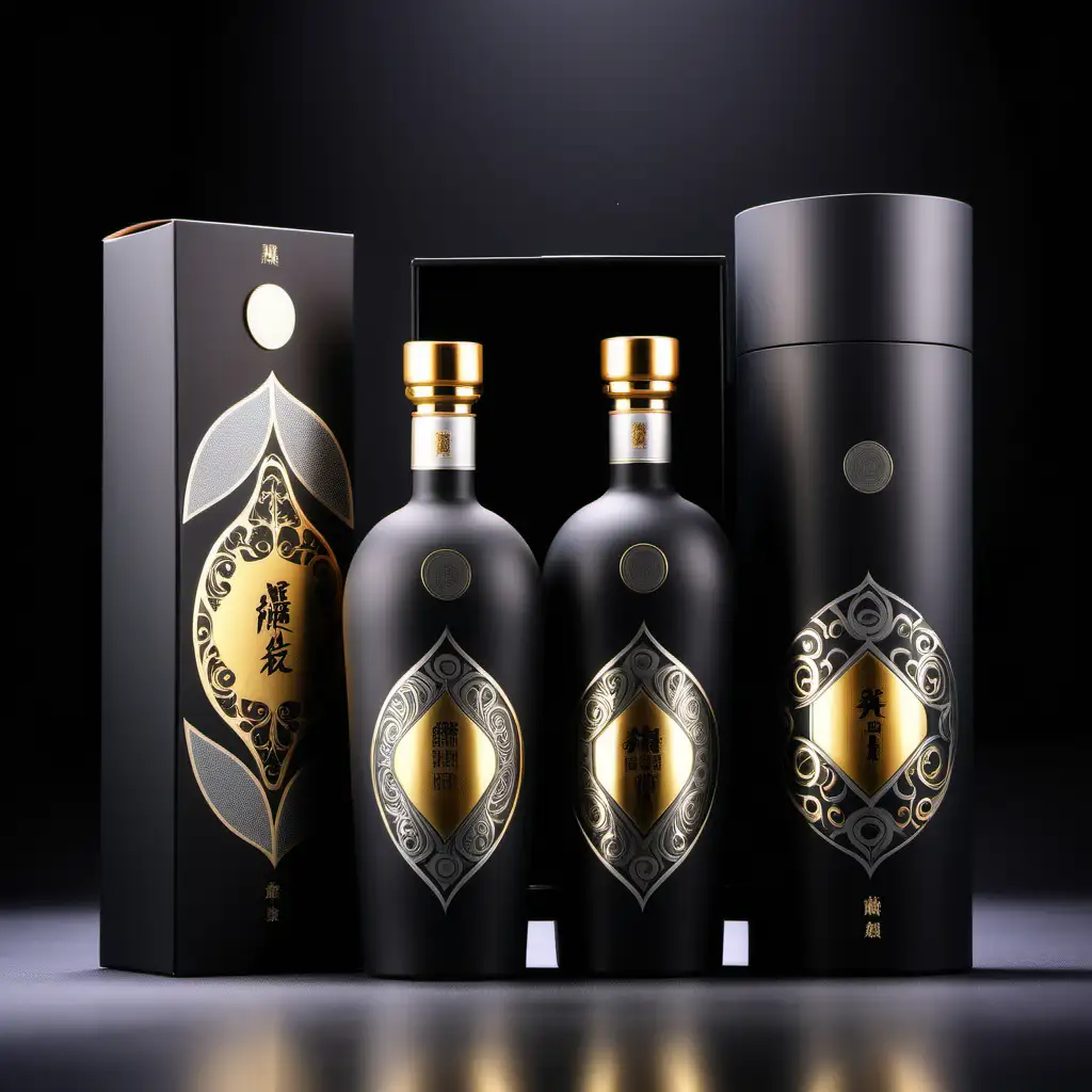 台湾白酒包装设计，高端酒，精密的产品照片图像，高细节，银黑哑光陶瓷与金色装饰，三套设计