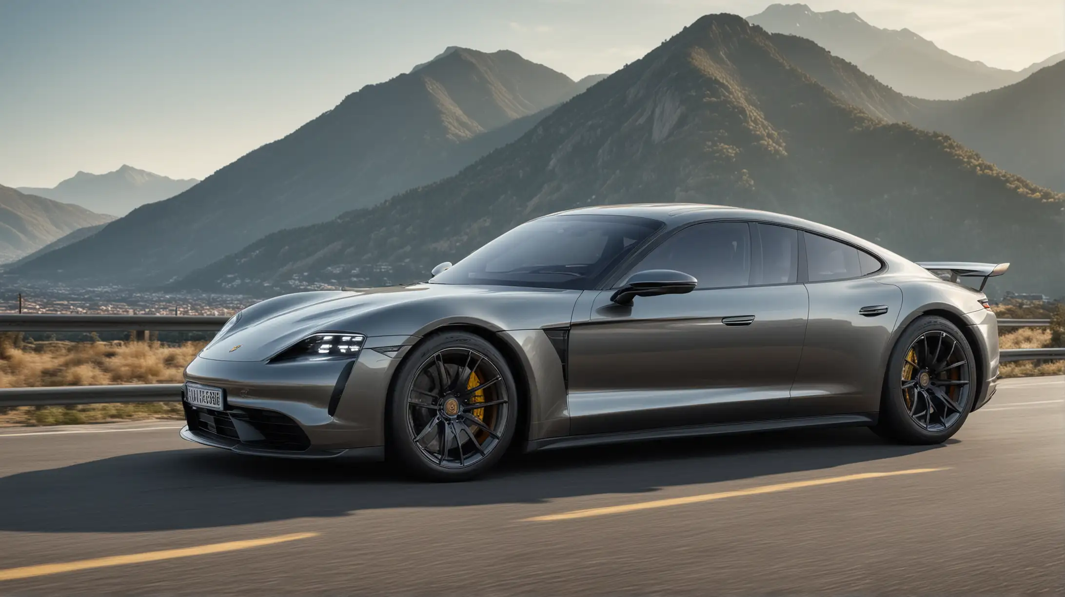 CREATE A 2021 PORSCHE TAYCAN IN METALIC VULCANO GRAY with a mountain on the background