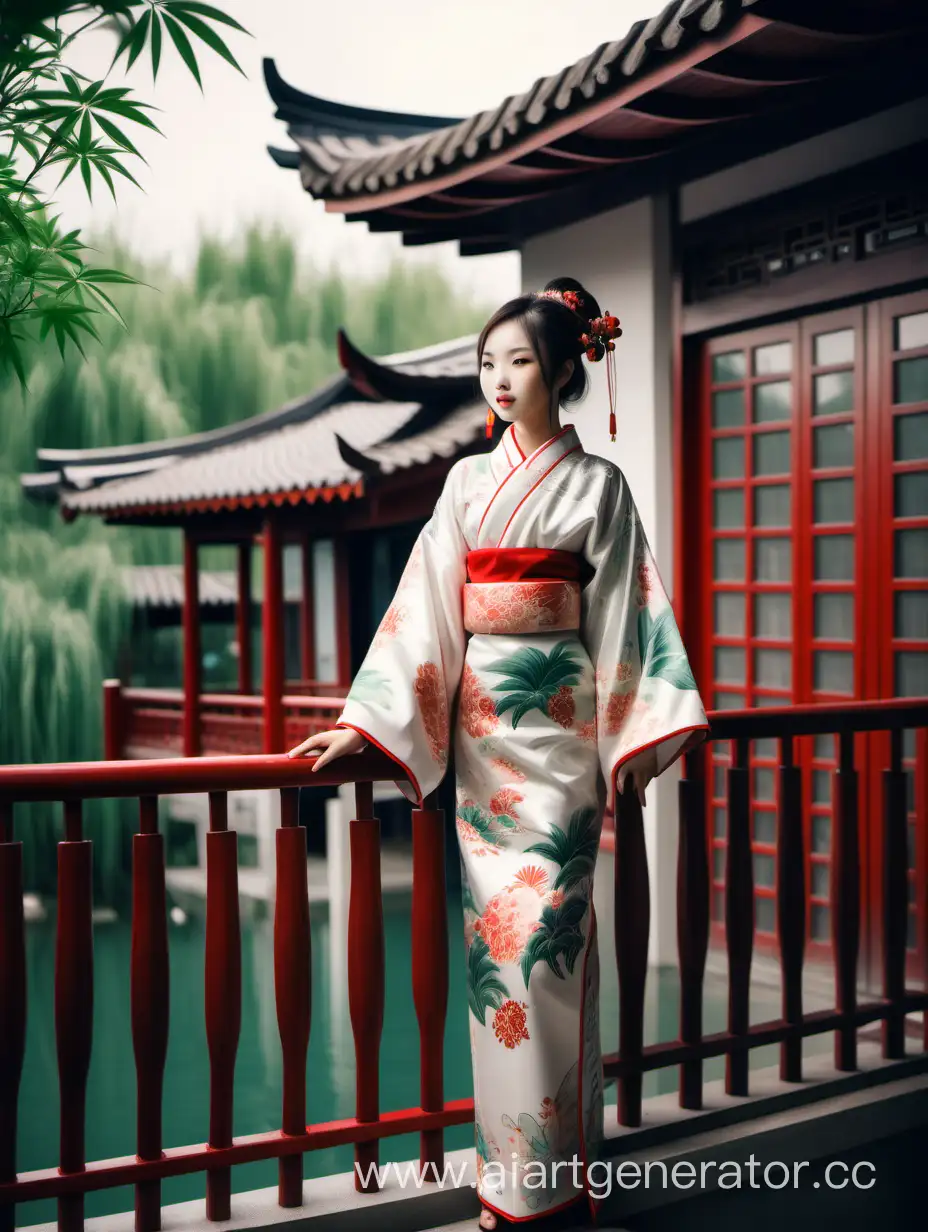 A Chinese girl in traditional kimono stands on the balcony of her Chinese house. The house is built on water. Beautiful Chinese vegetation surrounds. The entire art is in Chinese theme.
