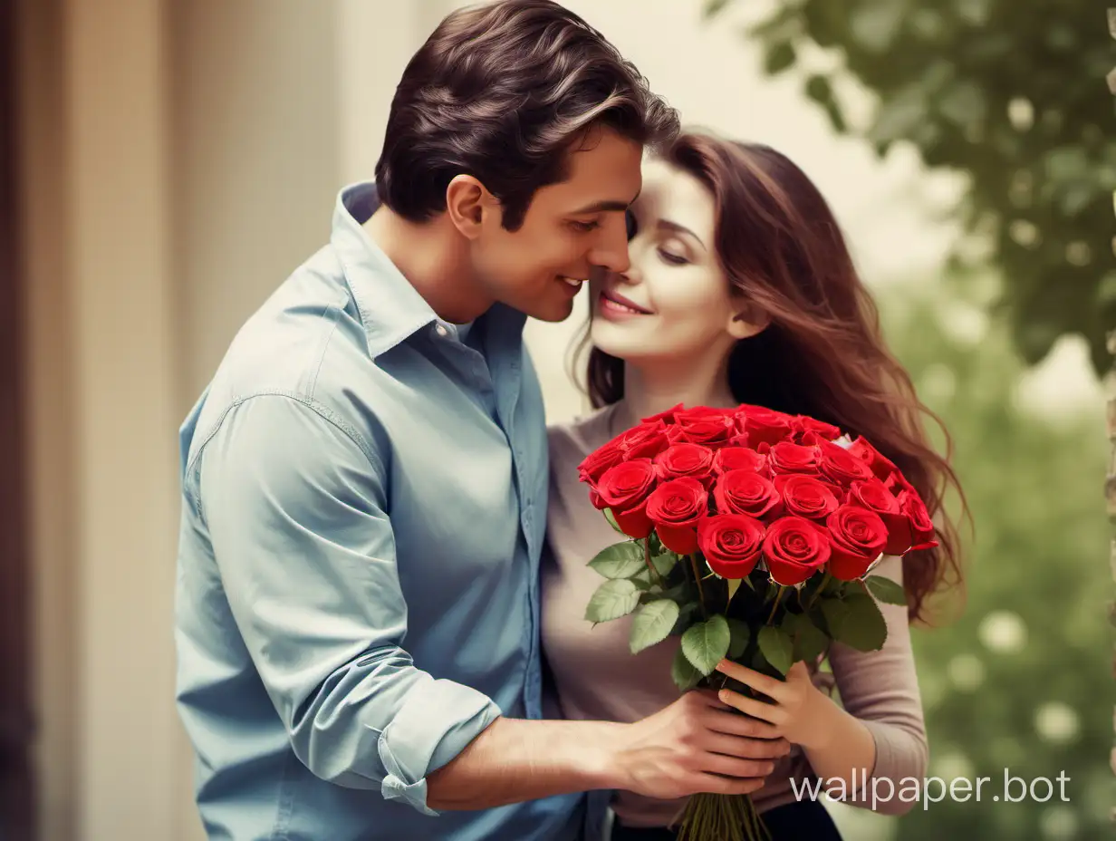a man giving a woman a bouquet of roses, a stock photo by Irene and Laurette Patten, featured on cg society, american barbizon school, stock photo, telephoto lens, rich color palette, Embrace, gaze at each other