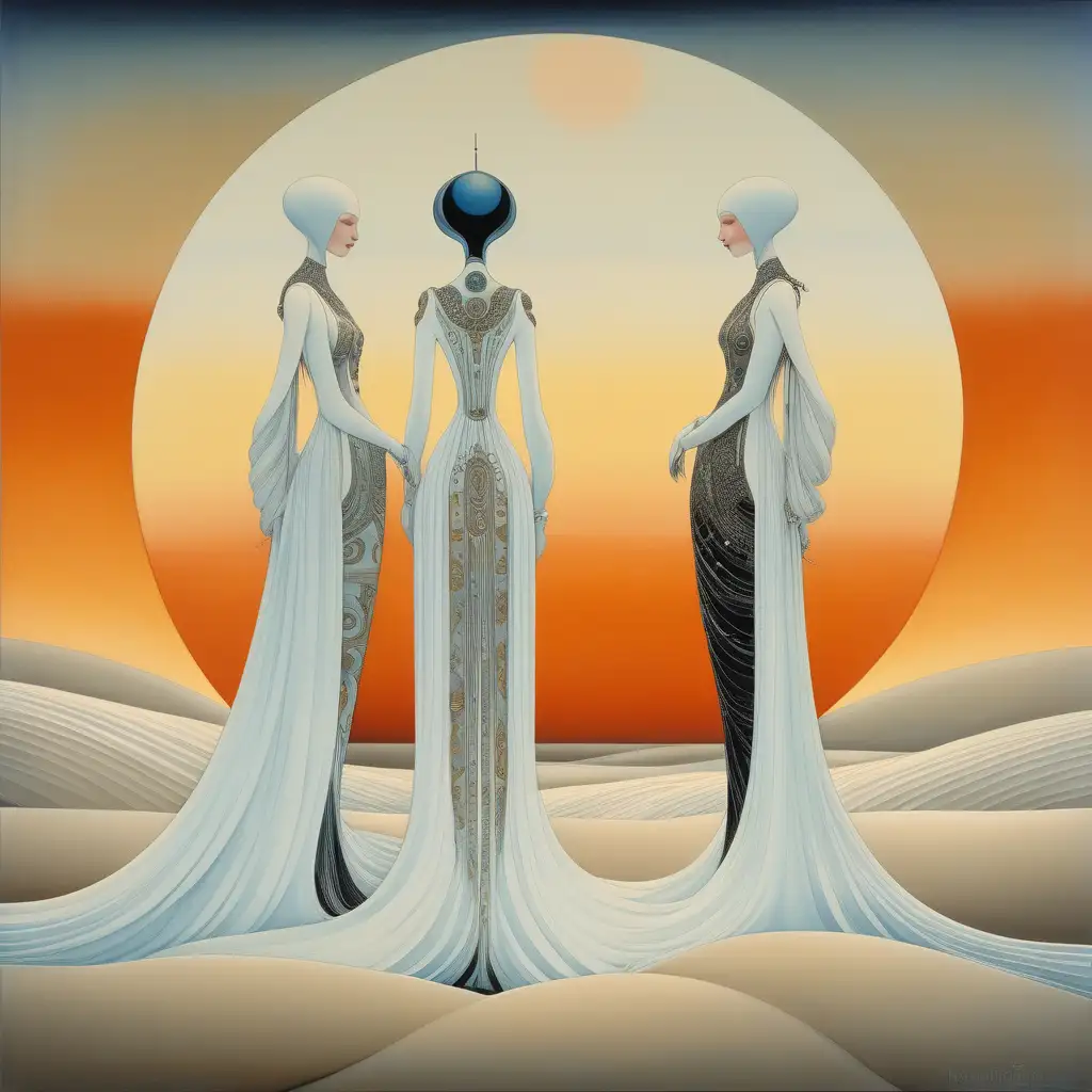 Futuristic Kay Nielsen Style Painting Three Women on a River Dune at Sunset