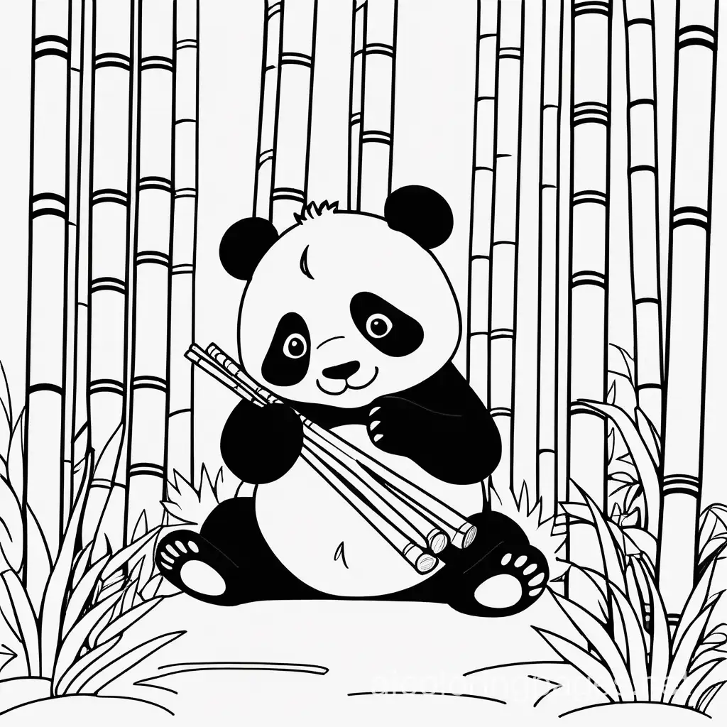Create a cozy scene of a cute panda peacefully munching on a bamboo shoot in a serene bamboo forest. Keep the scene with minimal elements. Do not fill black color, give only outline of the image, Coloring Page, black and white, line art, white background, Simplicity, Ample White Space. The background of the coloring page is plain white to make it easy for young children to color within the lines. The outlines of all the subjects are easy to distinguish, making it simple for kids to color without too much difficulty