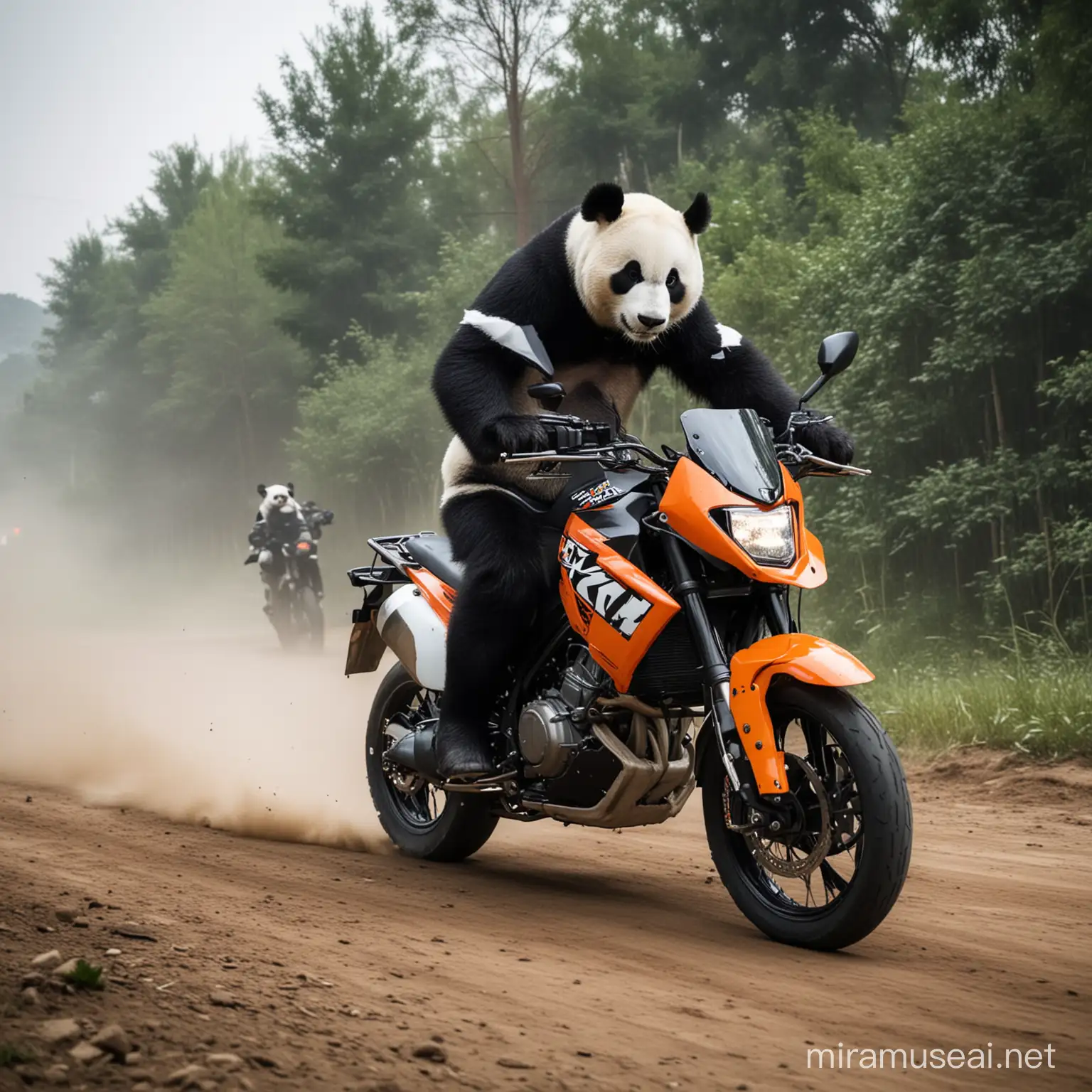 Adventurous Panda Riding KTM Motorcycle