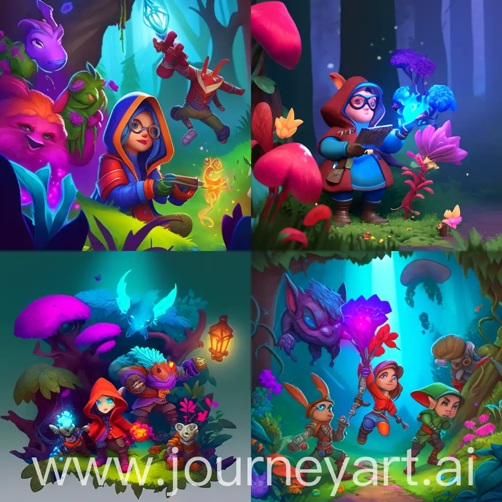 Illustrate a character with red dripping paint gloves, Rthro idle pose, cartoony head outline, blue hoodie, Left Pauldron of the Void, dart glasses, and brown Charmer hair. Set the scene in a fantastical forest with vibrant colors, magical creatures, and glowing flora. Utilize soft lighting to enhance the whimsical and mysterious ambiance of the character's appearance.