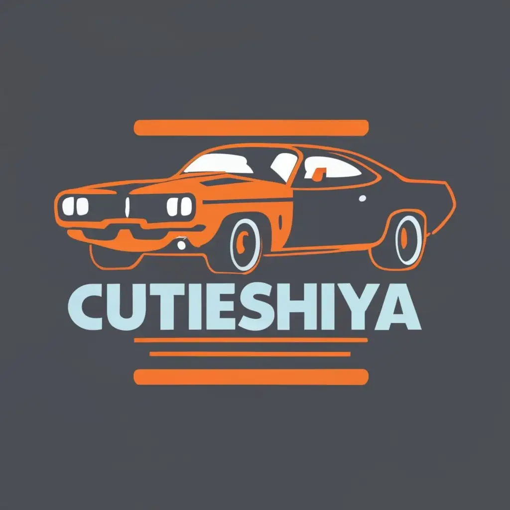 logo, black 1970 Plymouth Barracuda with 2 orange stripes over the top, with the text "Cutieshiya (which is spelt C u t i e s h i y a)", typography, be used in the Automotive industry and get rid of bartmouth make this better