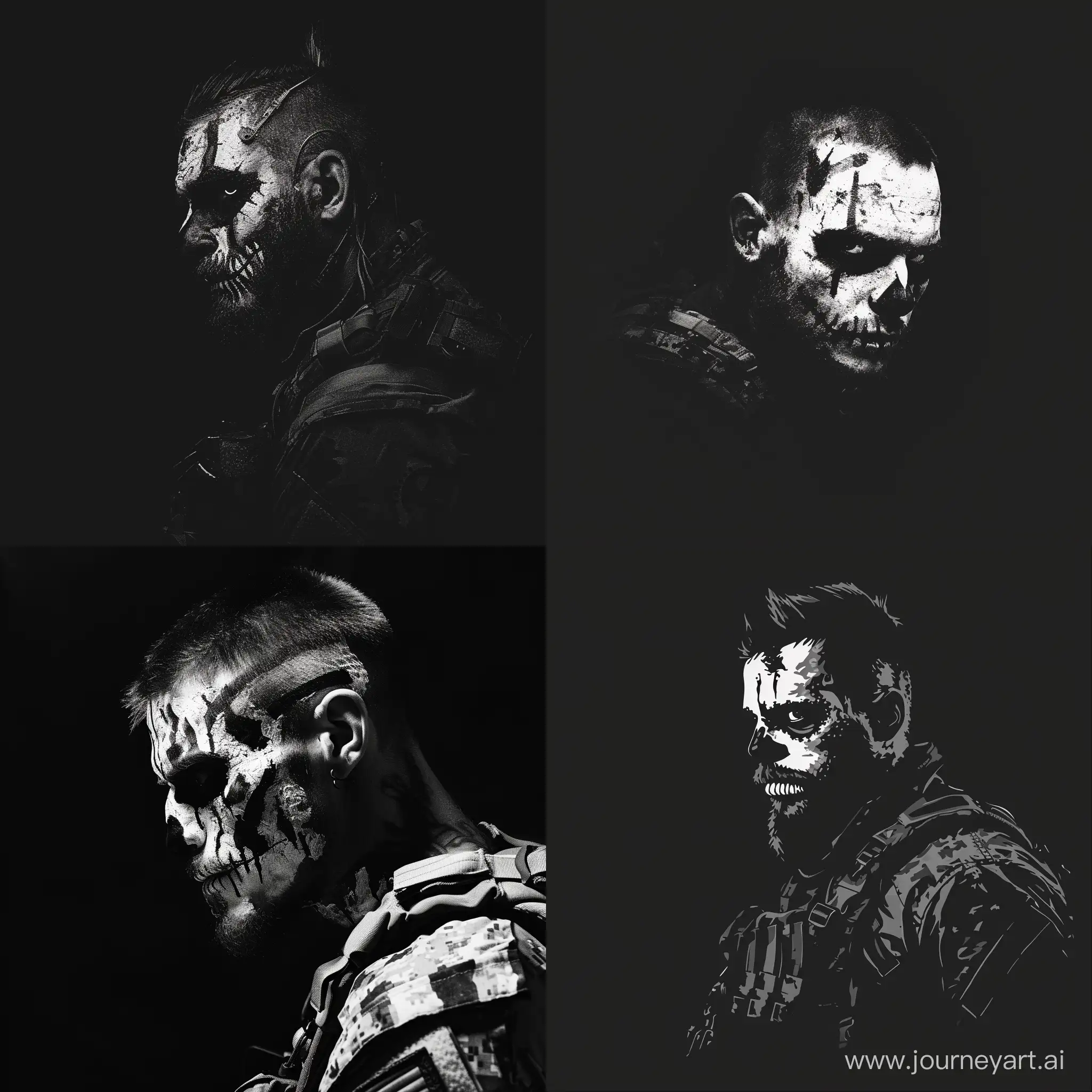 logo, minimalistic, man, crudely painted skull war paint, military equipment, black and white, black background