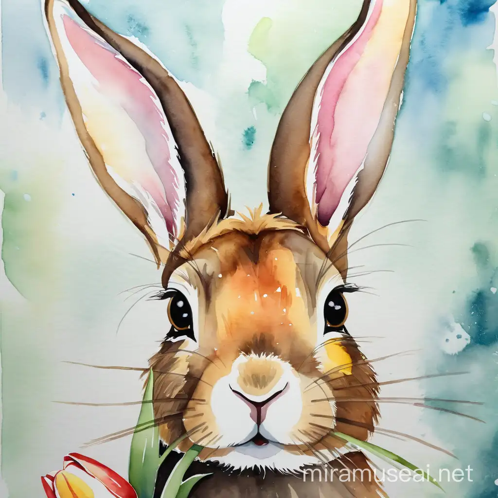 Watercolor Easter Bunnies Holding Tulips