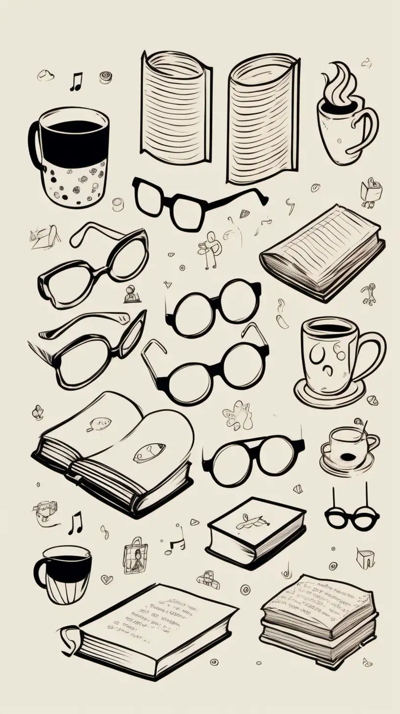 a transparent background with an infinite pattern consists of small cartoon drawings of a book, small cartoon drawings of a pair of glasses, and small cartoon drawings of a mug