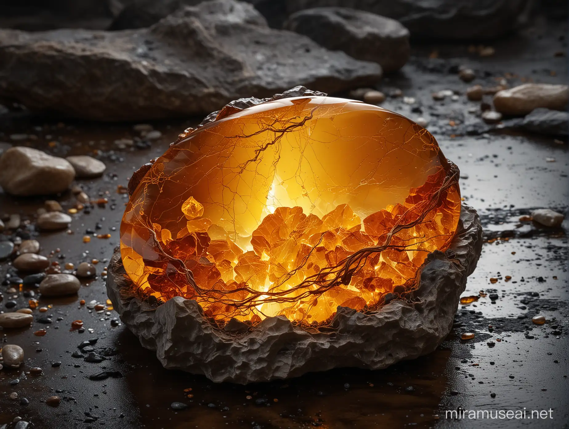 "In this breathtaking image, a large piece of amber sits on the ground, surrounded by a halo of electricity. As the lightning strikes the stone, the electricity is attracted to the amber, creating a beautiful and unique sight. The surroundings are rendered in exquisite detail, and the lighting is stunning. The entire scene is a true masterpiece of nature and artistry, filling the air with a spectacular show of power and beauty."