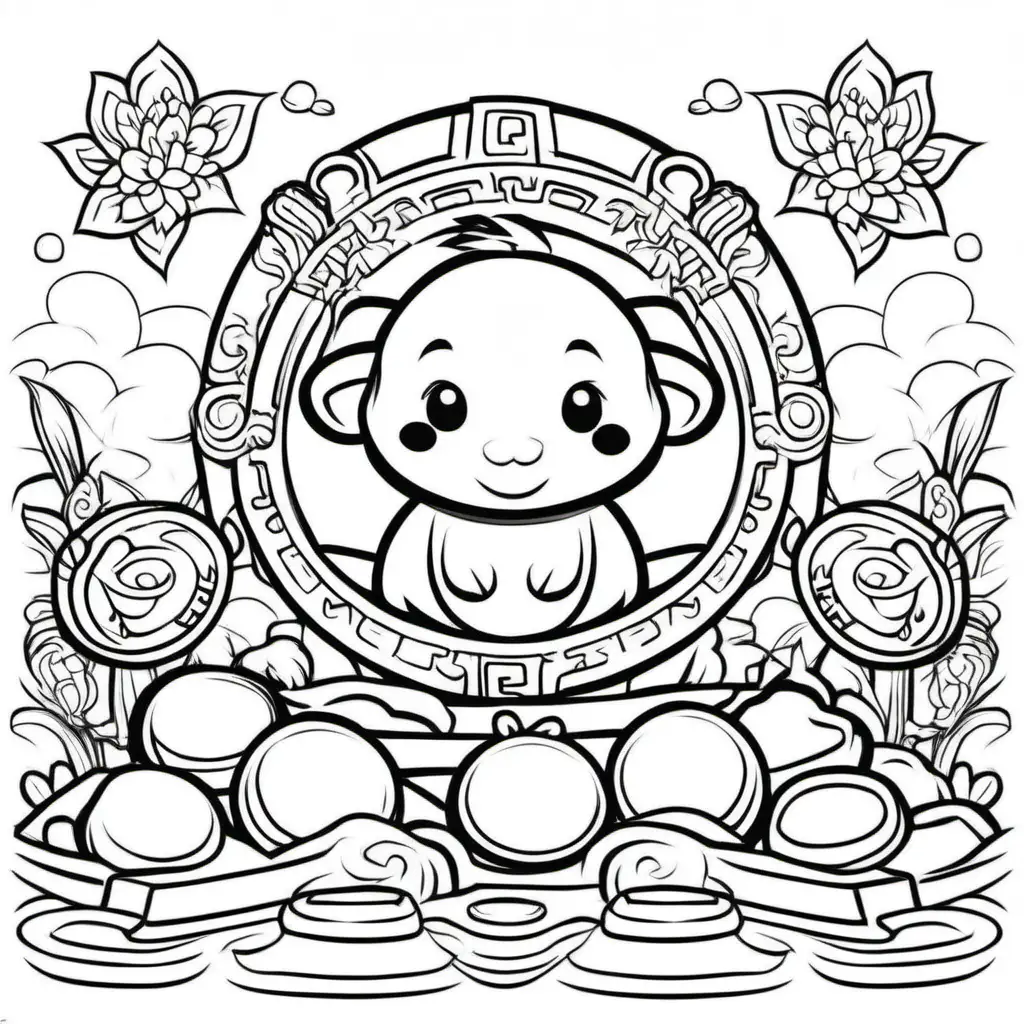 Lunar New Year Kids Coloring Book Page with Cartoon Ingots