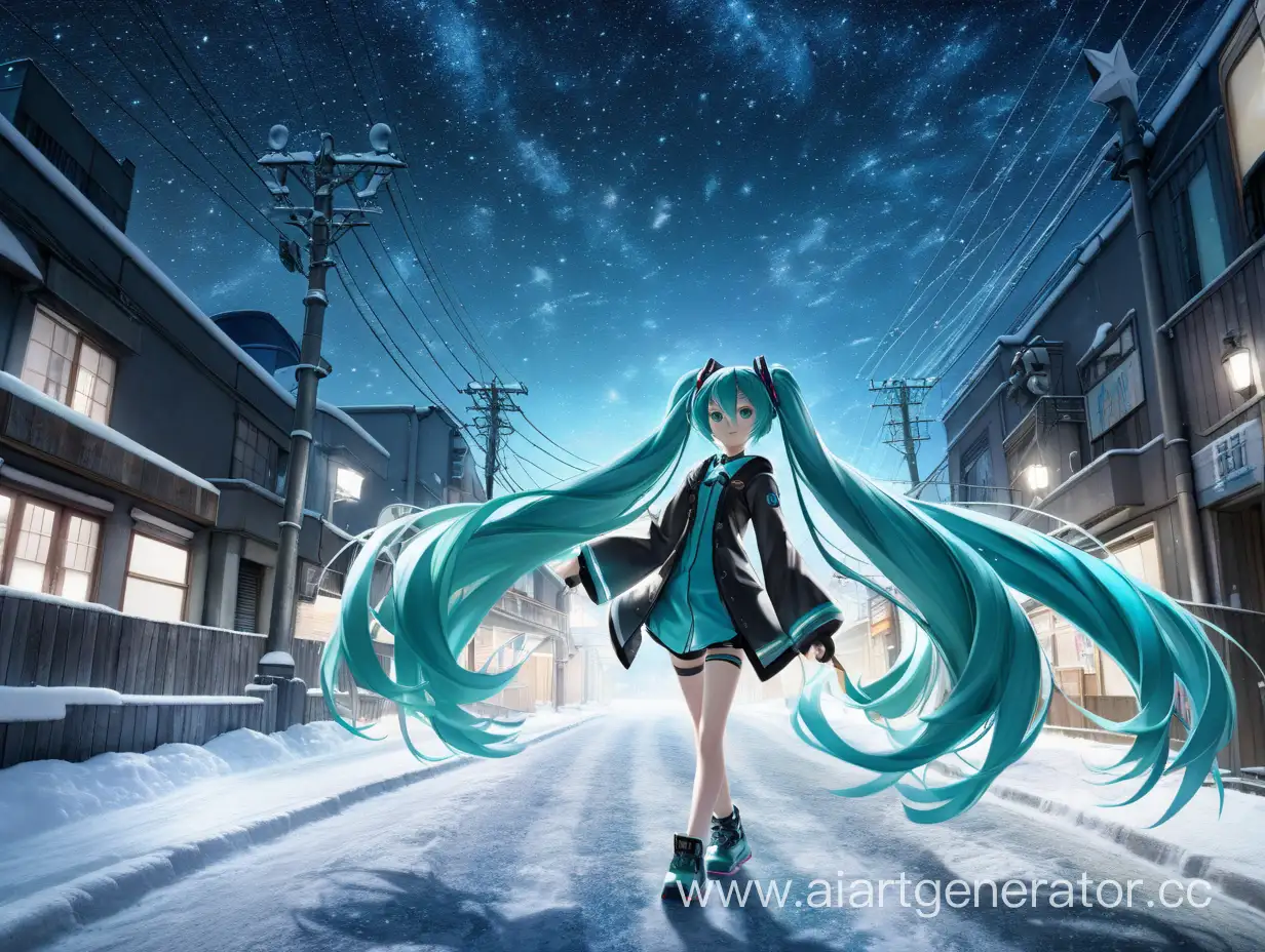 初音未来 回头 面向镜头 风 无人街道 夜晚 星空 雪