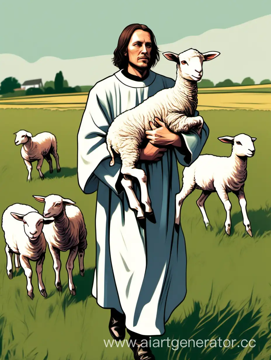 Pastoral-Scene-Pastor-Carrying-Lamb-in-Field