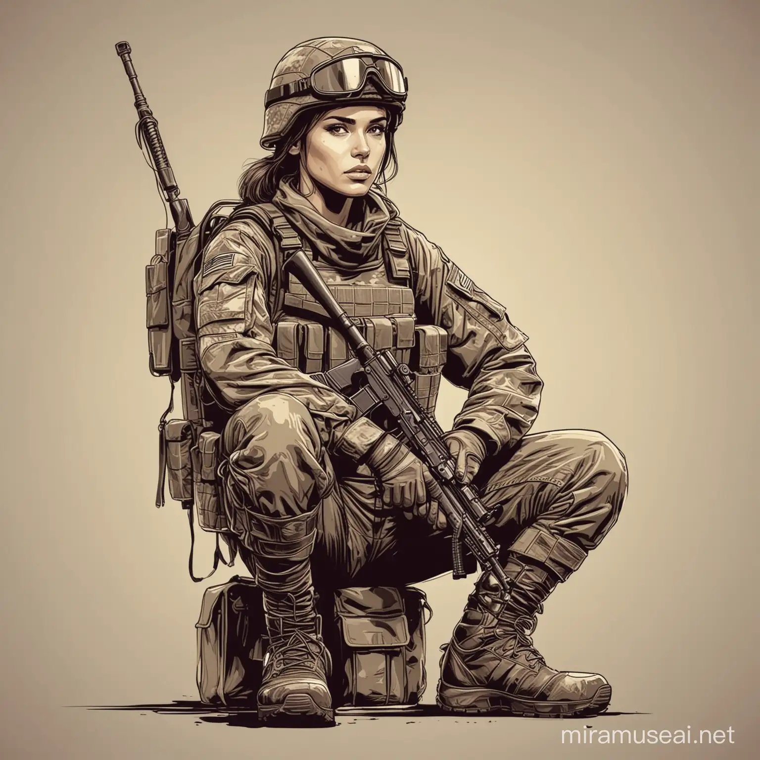 Graphic Style Soldier Woman Sitting with Weapon