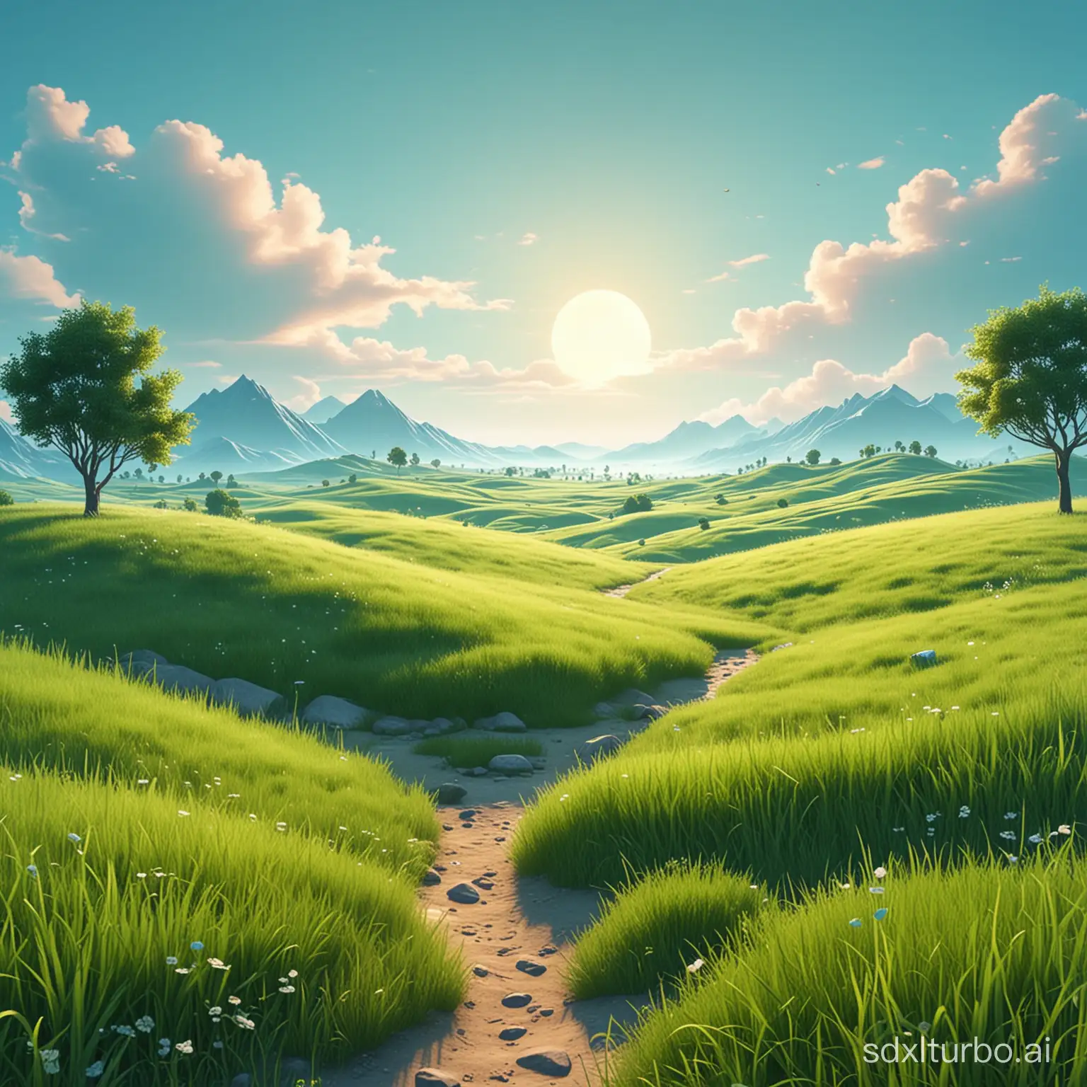 landscape 3d background animated, green grass, in the style of cute and dreamy, landscape-focused, sky-blue, hazy, landscape inspirations