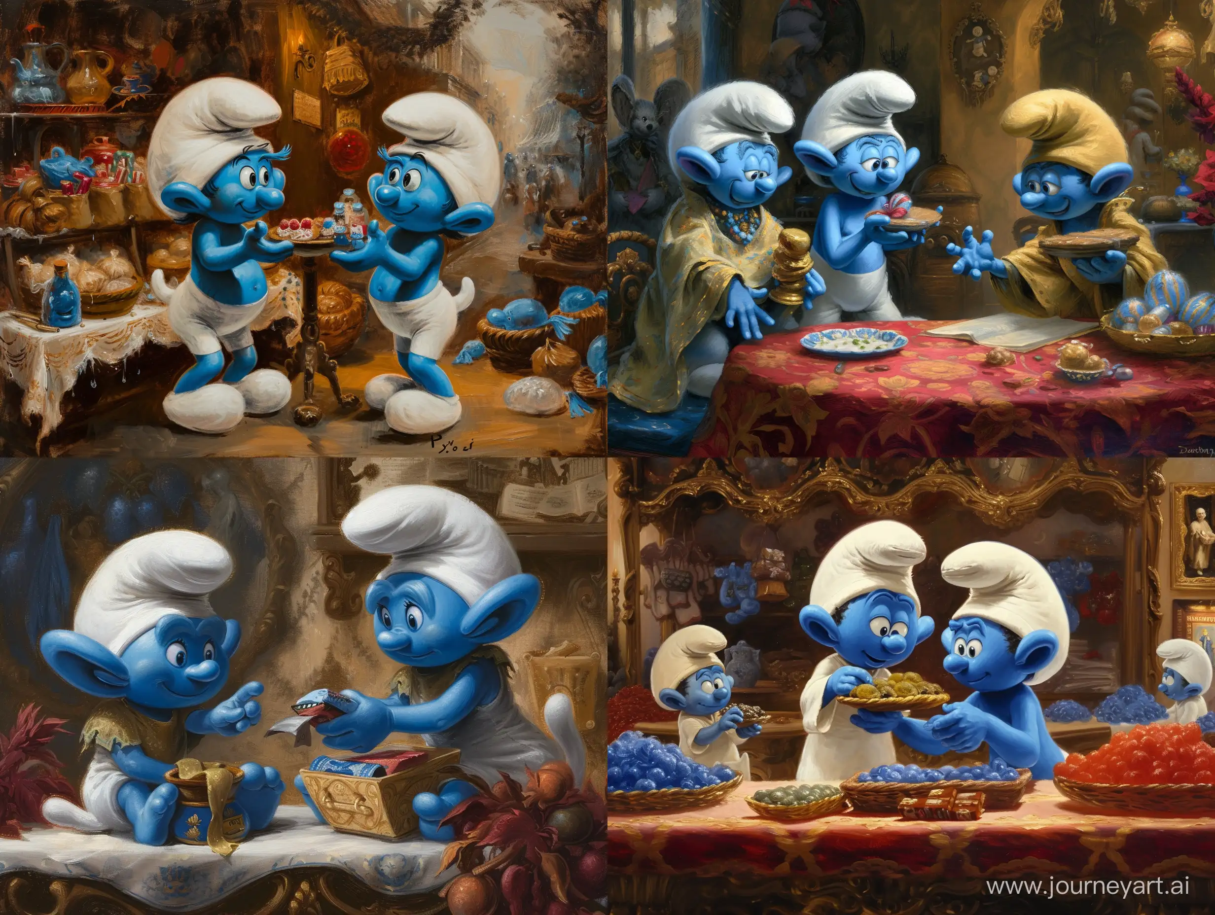 smurfs trading stuff with each other, baroque artstyle, detailed painting.