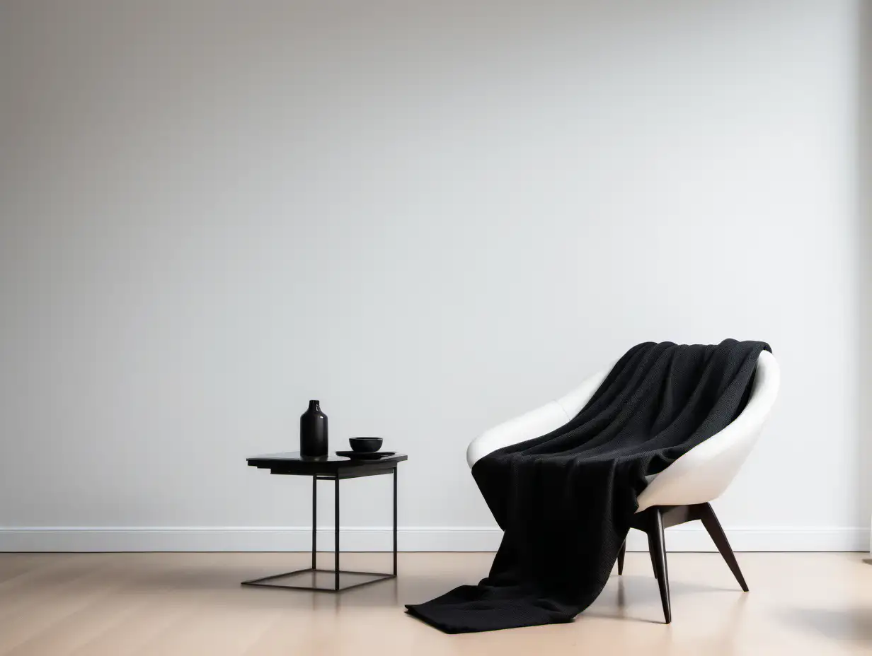 Modern Minimalist Living Room Interior with White Chair and Black Blanket