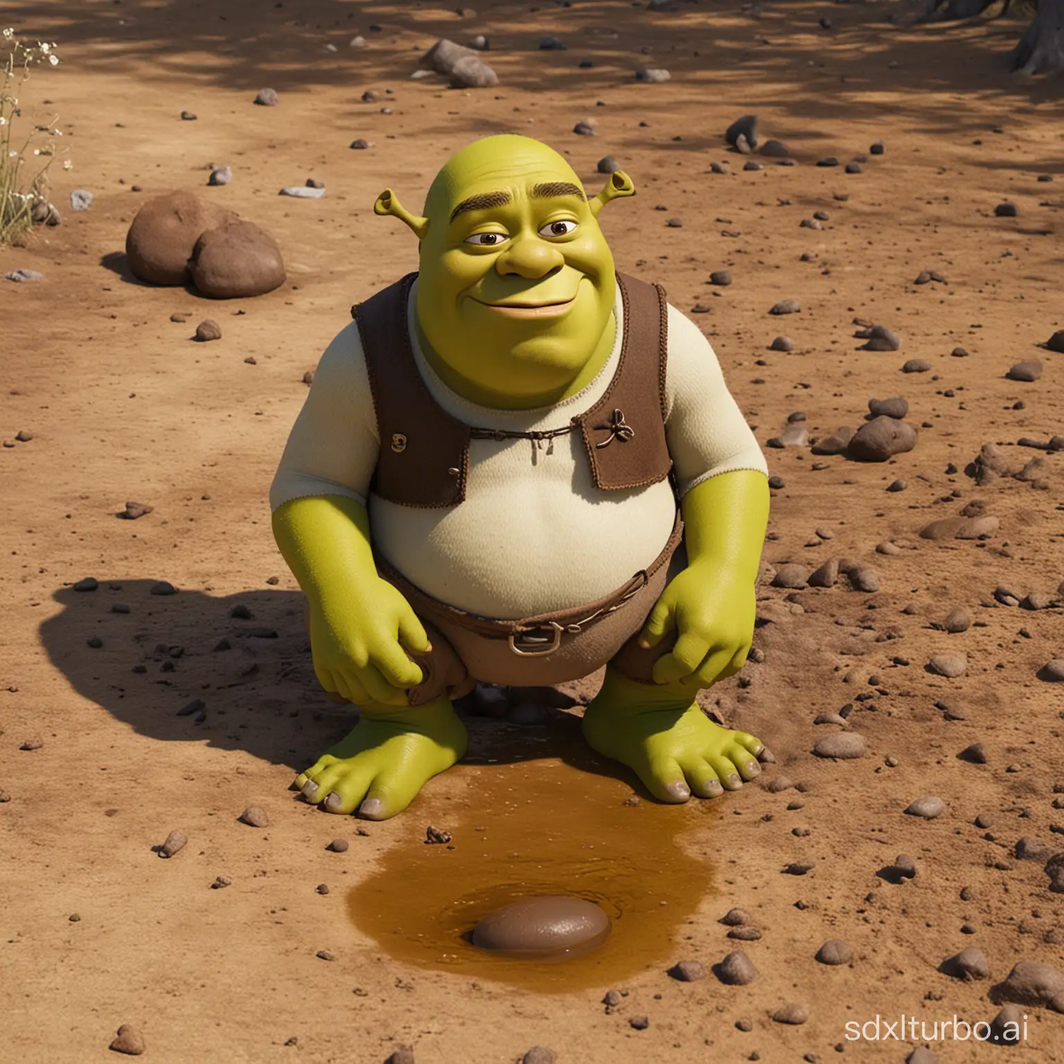 Shrek poops diarrhea on the ground. A brown stream pours from his buttocks