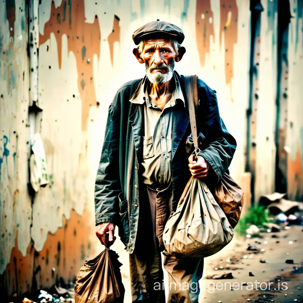 A poor man, old, bag in hand