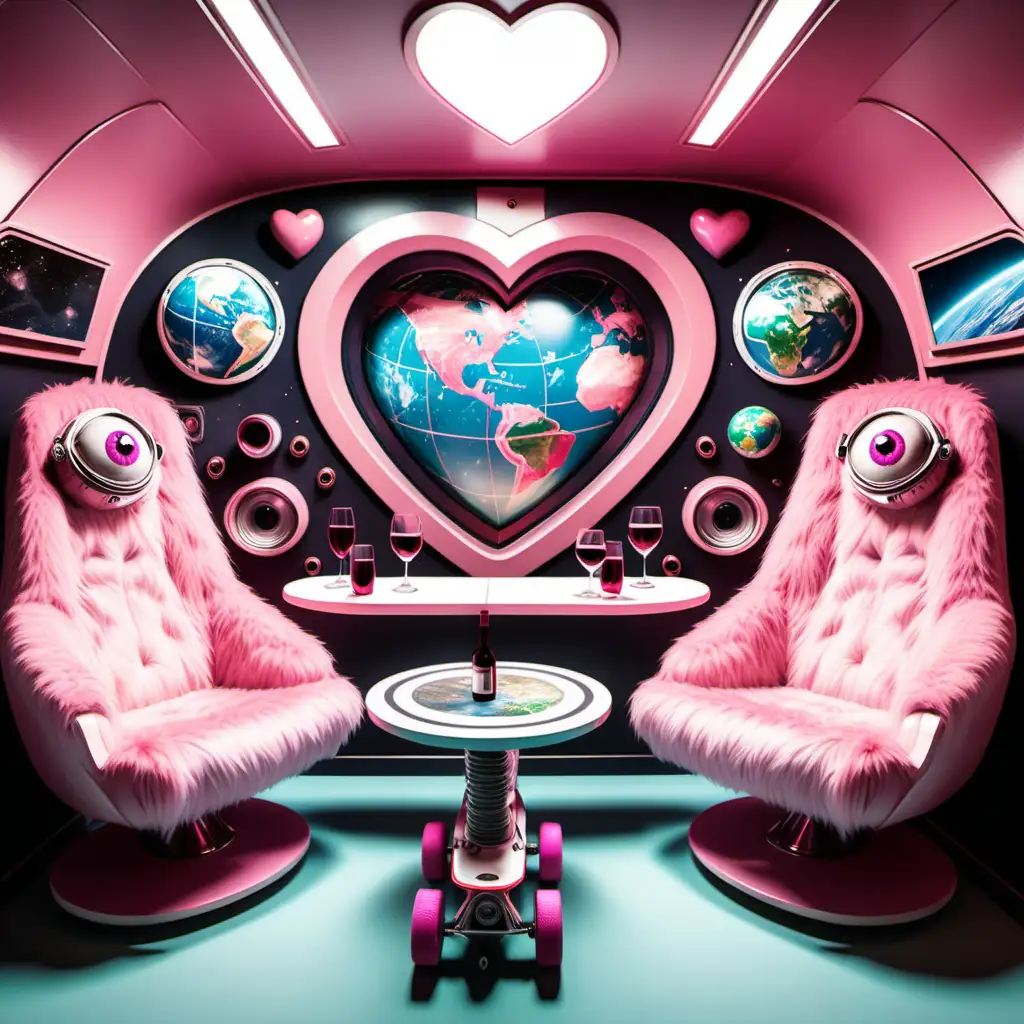 inside of a space ship, retro, cute, pink furry interior chairs. sci-fi with eye balls, heart decoration.  more real.  with a map of earth. wine glasses on table. skateboard.