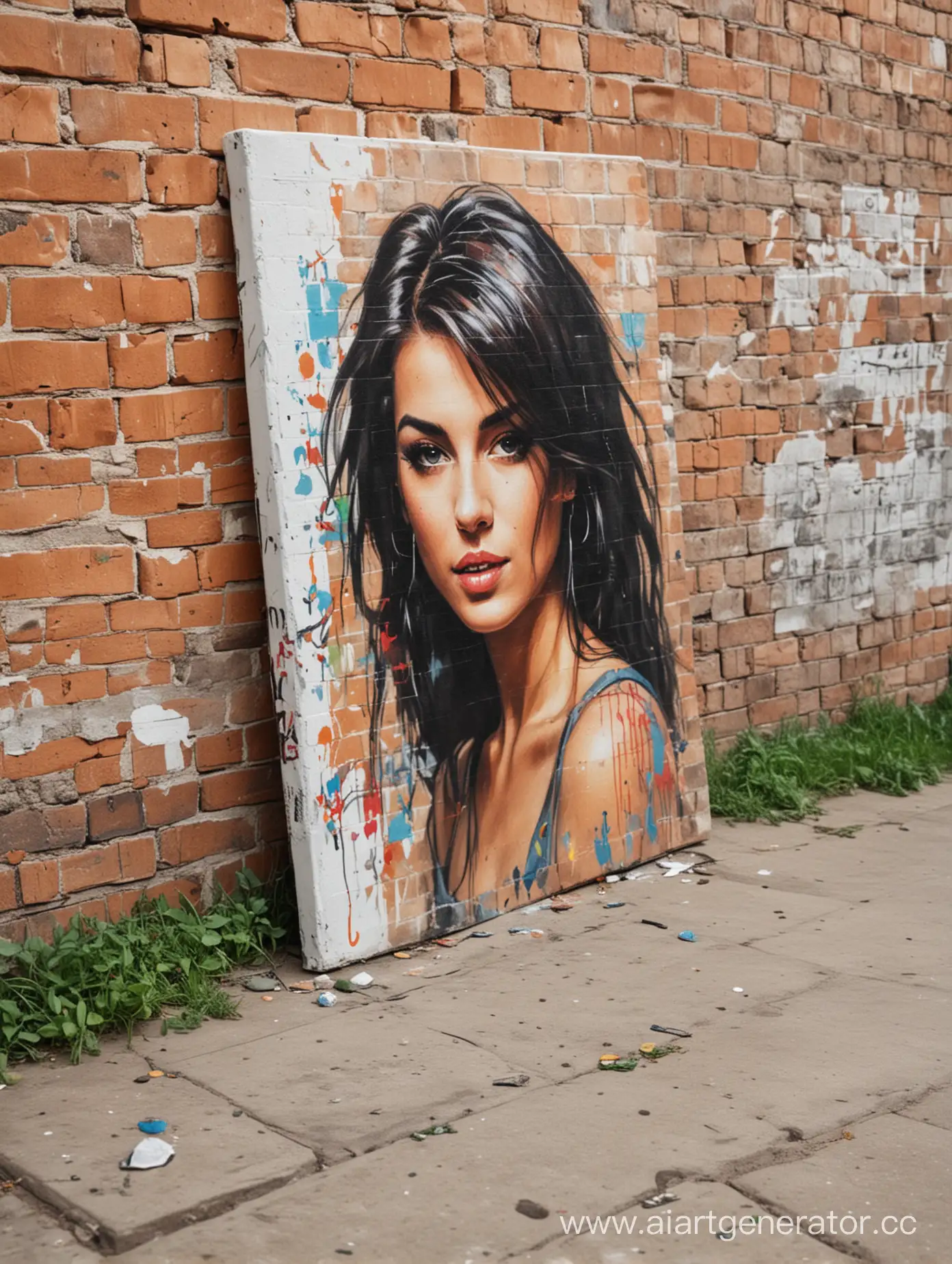 The portrait on canvas stands on the floor, next to a brick wall.
A wall with graffiti. In the park.