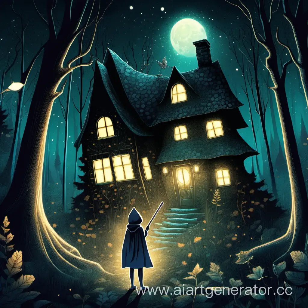 текстурная иллюстрация на iPad домик в лесу ночь, рядом девочка в плаще с волшебной палочкой