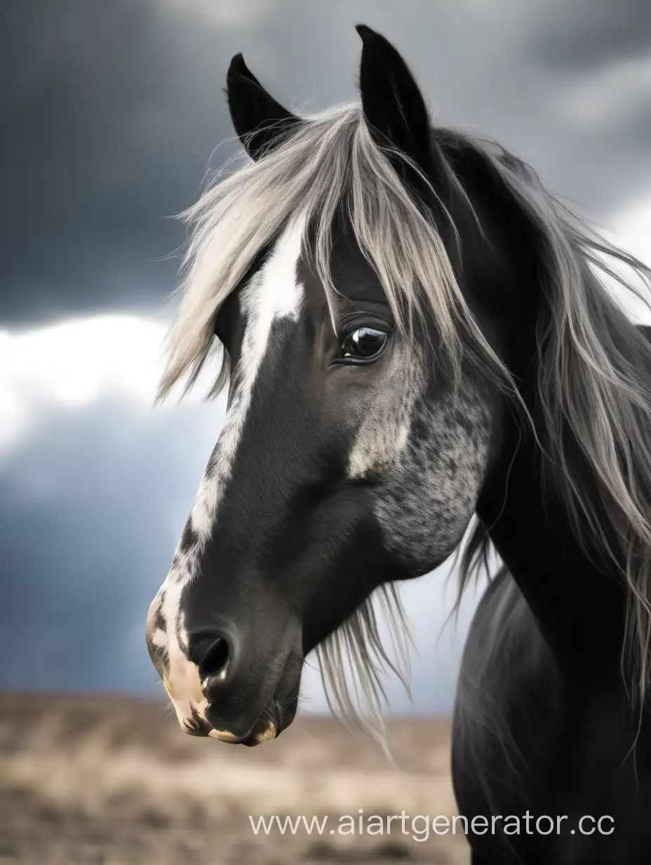 лошадь серебристо-чёрный Мустанг, портрет, ветреная погода, солнечно, взгляд любопытный.