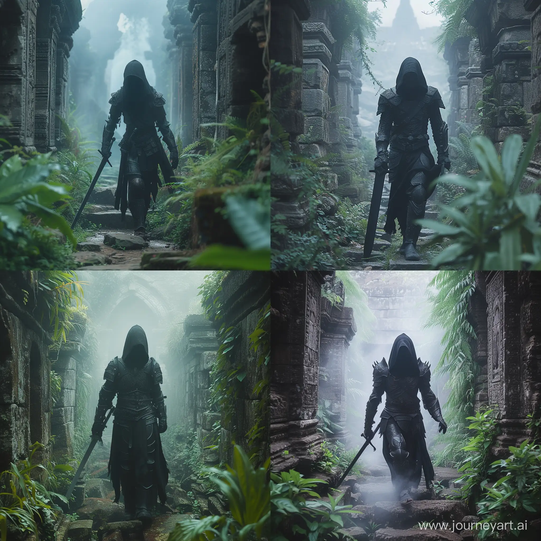  The photo shows a figure in dark armor and hood holding a sword and walking through an ancient stone corridor surrounded by vegetation. The photo has a misty atmosphere that adds to the mystery and mysticism of the setting, 