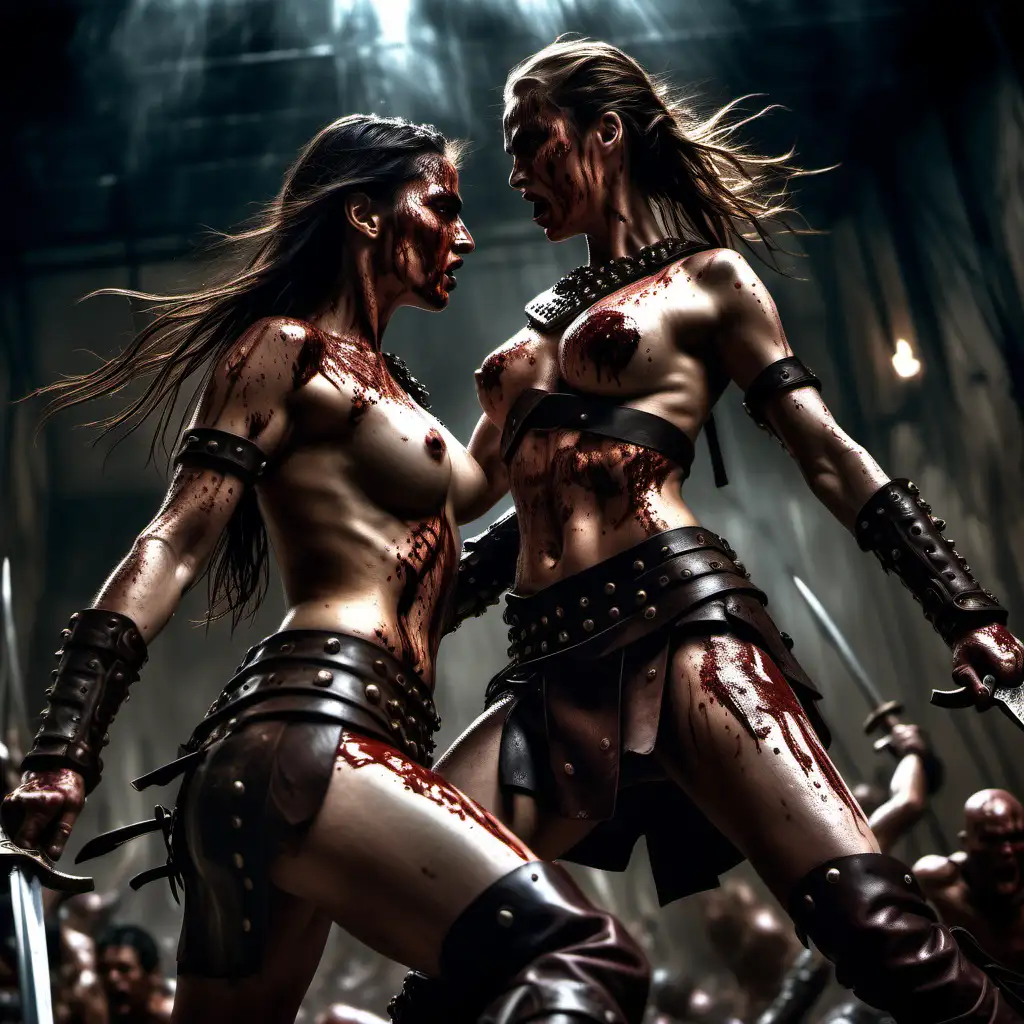 (cinematic lighting), in the visceral world of movie 300, 2 beautiful warrior women fighting with each other, fierce fight, blood on the body, leather studded boots, intricate details, detailed face, detailed eyes, from below, hyper realistic photography, nude