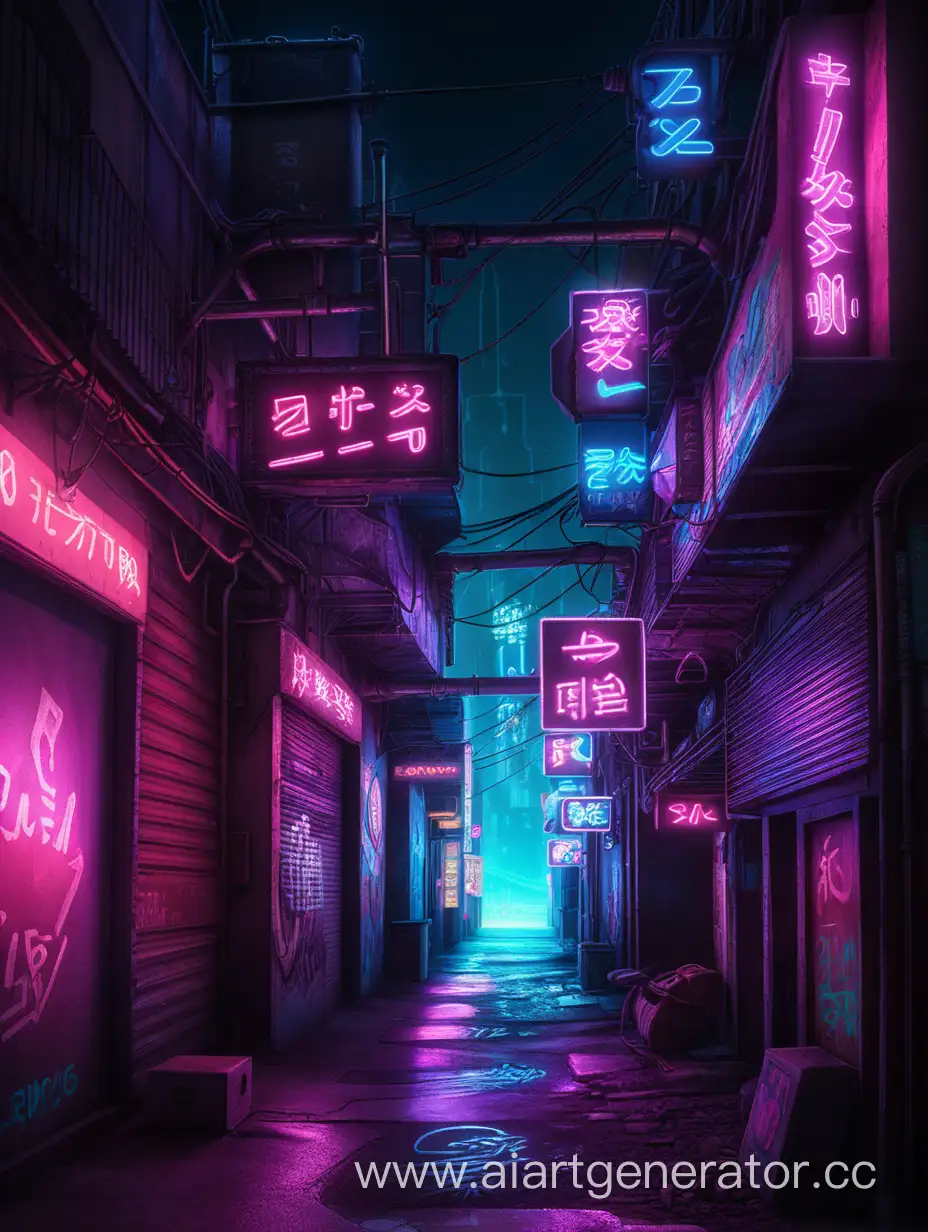 Неоновый переулок, ночь , киберпанк , без людно , нарисованное, неоновые вывески , арт с лайном 