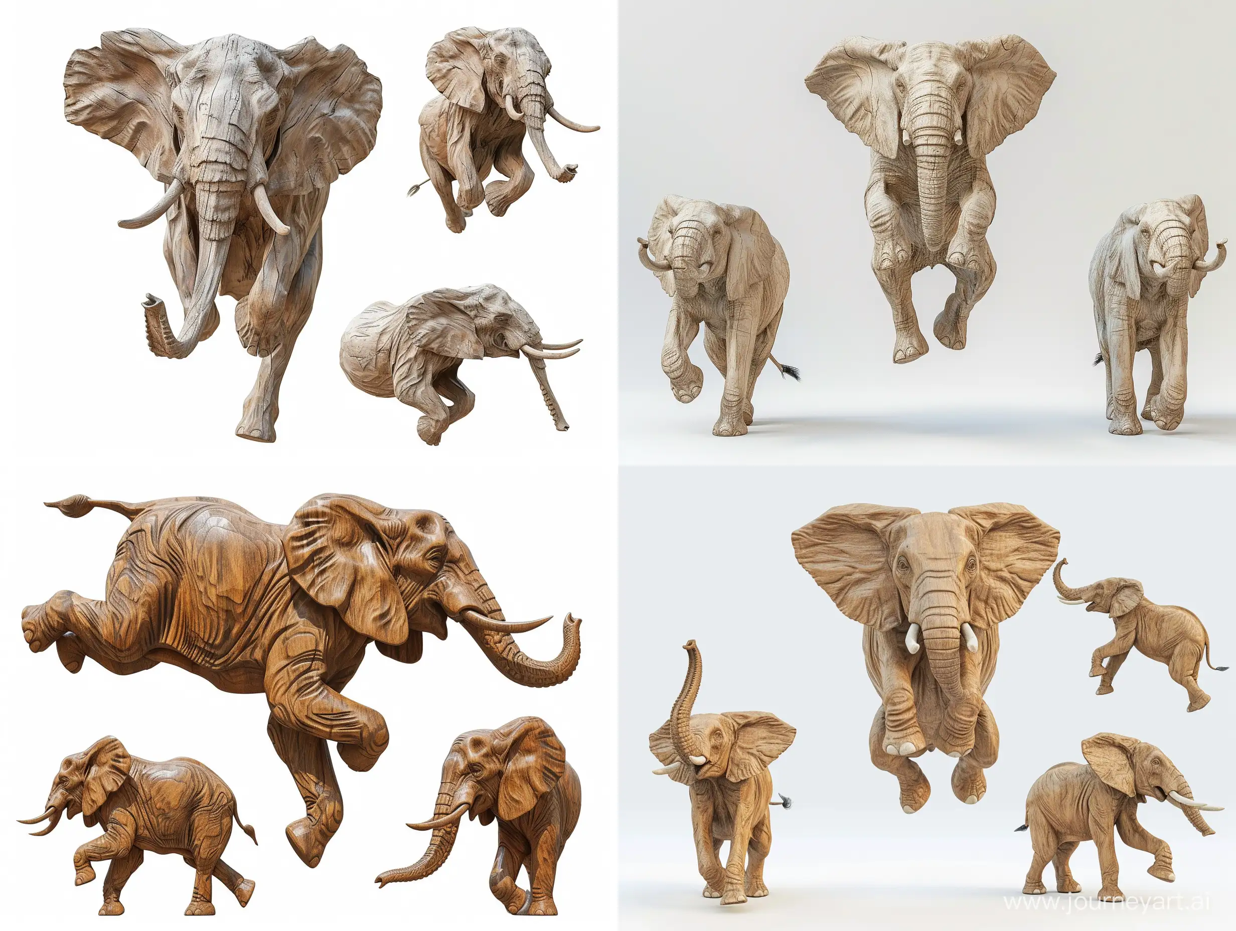 Professional sketch for wooden sculpture, a full-length elephant jumping full-face and in profile, professional dynamic character, front back view and side view, wood carving, white background, 8k Render, ultra realistic