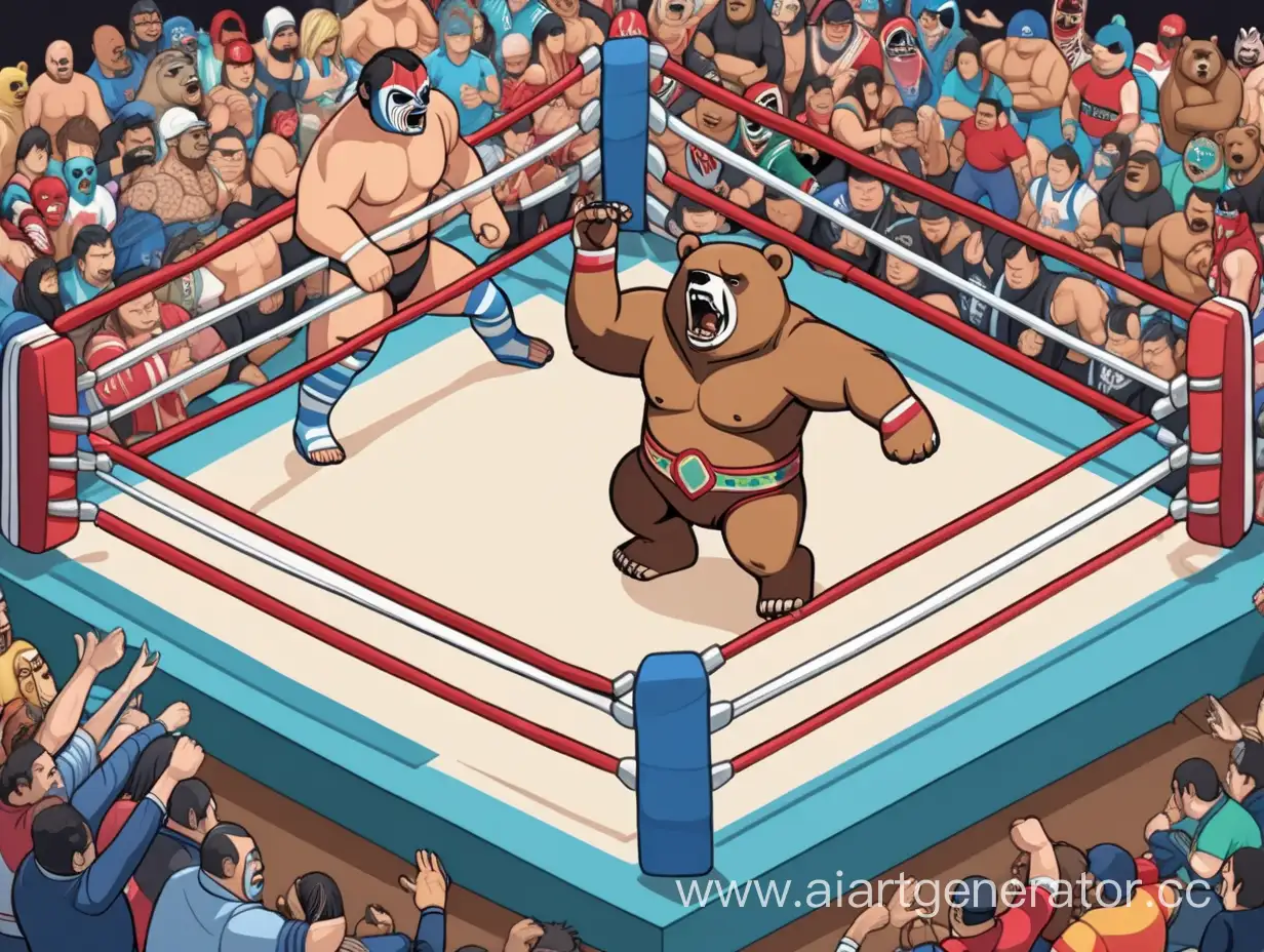 umanized bear fights a Mexican wrestler, in a wrestling ring, with a lot of cheering fans, isometric view, anime style