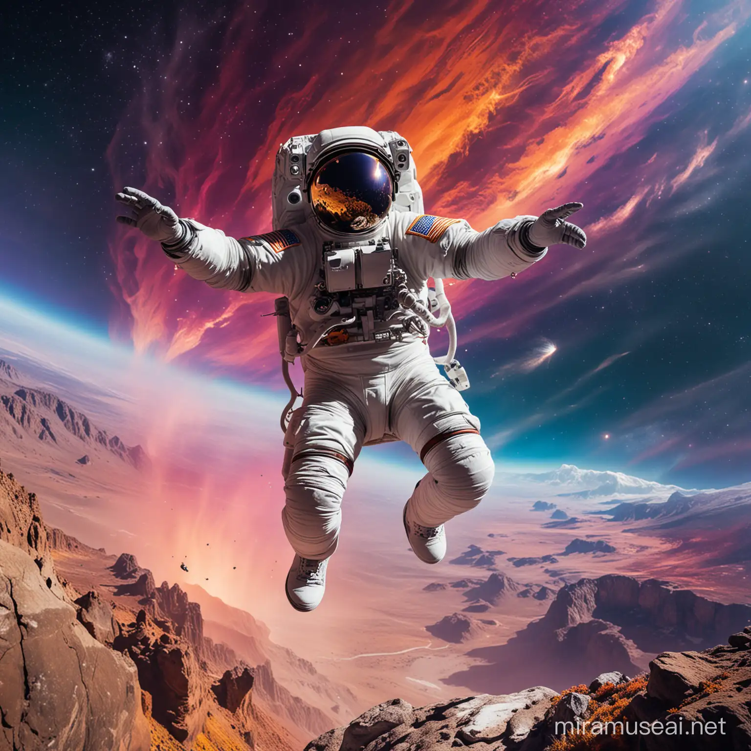 Astronaut Space Jumping Amid Colorful Cosmos Over Rocky Mountain Range