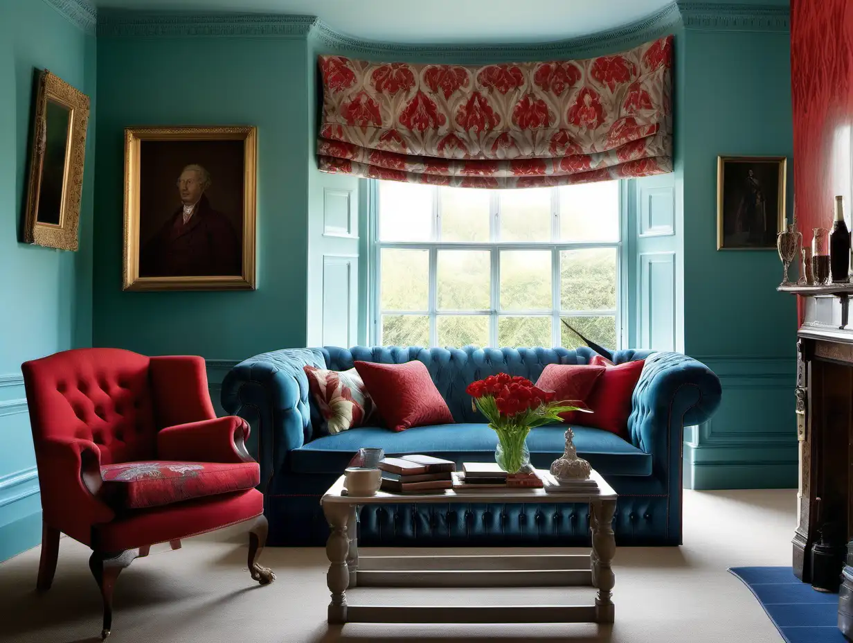 Period room
Airforce blue chesterfield style sofa 
Pale aqua walls 
Red accents
Patterned Roman blind