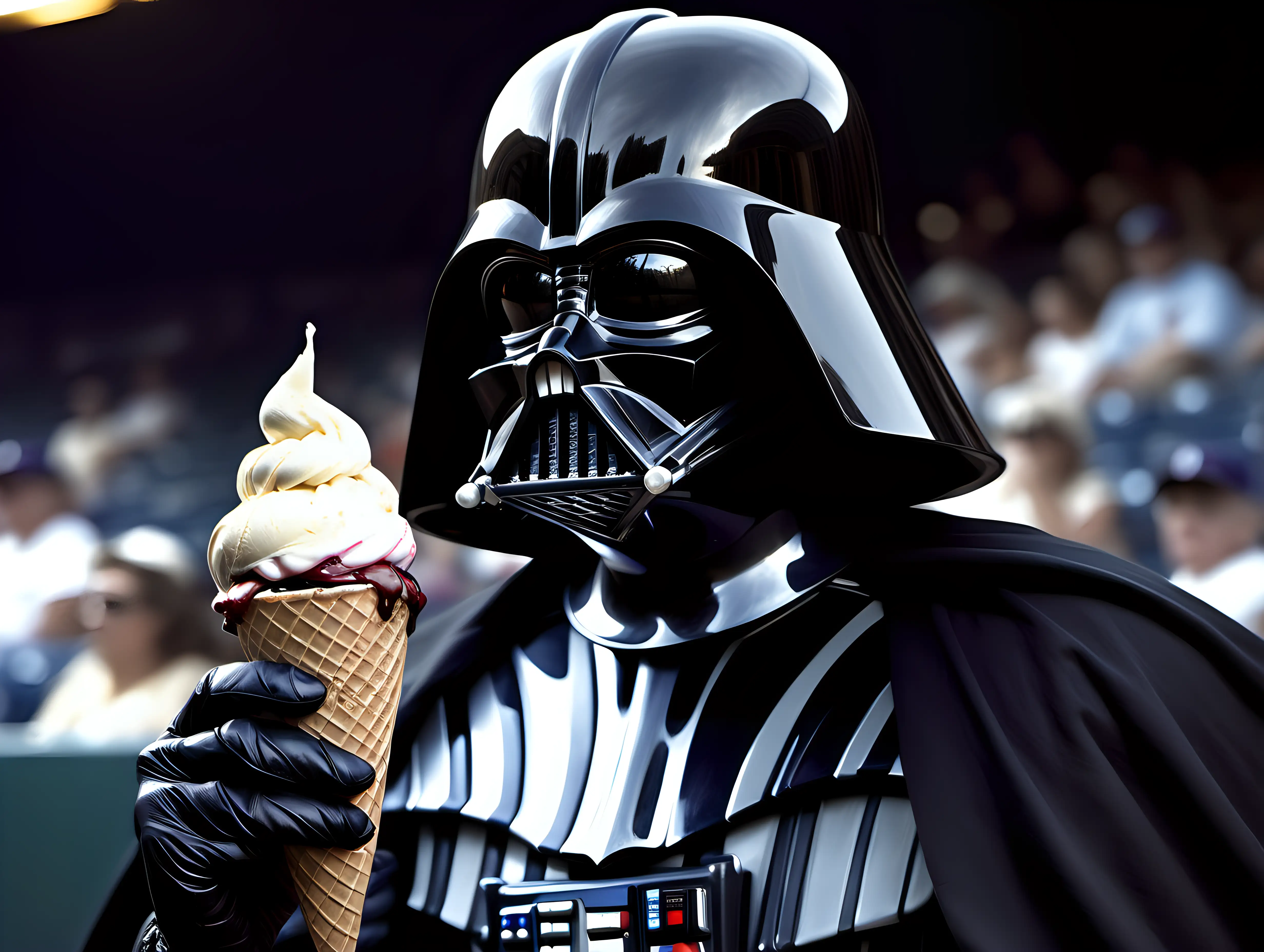 Darth Vader eating ice cream at a baseball game in style of photorealism by frank frazetta, photograph, high detail, elegant, close up and dark background