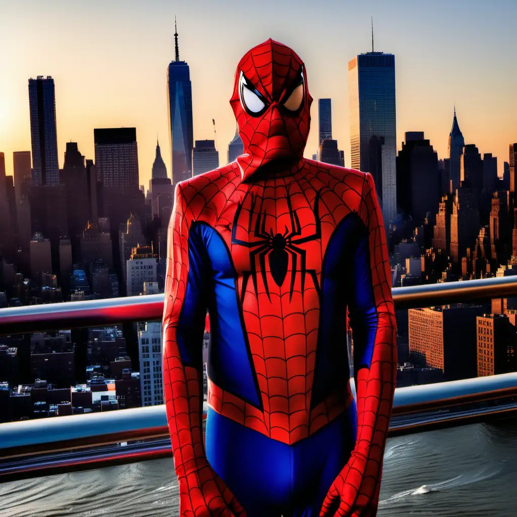 Donald Trump, wearing spider-man costume, no mask, New York City skyline, sunset