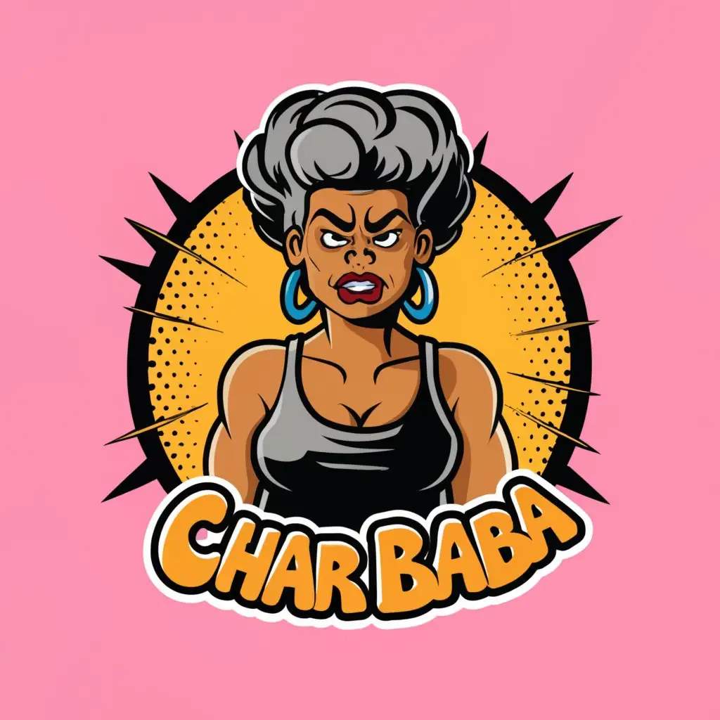 a logo design,with the text "Char Baba", main symbol:Big fat old angry black lady with tiny tank top, comic book style, thick outlines, high contrast neon colors,complex,clear background