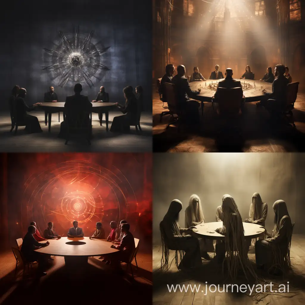 spiritistische sitzung. 6 personen am runden tisch. erhabene geistwesen stehen dahinter
