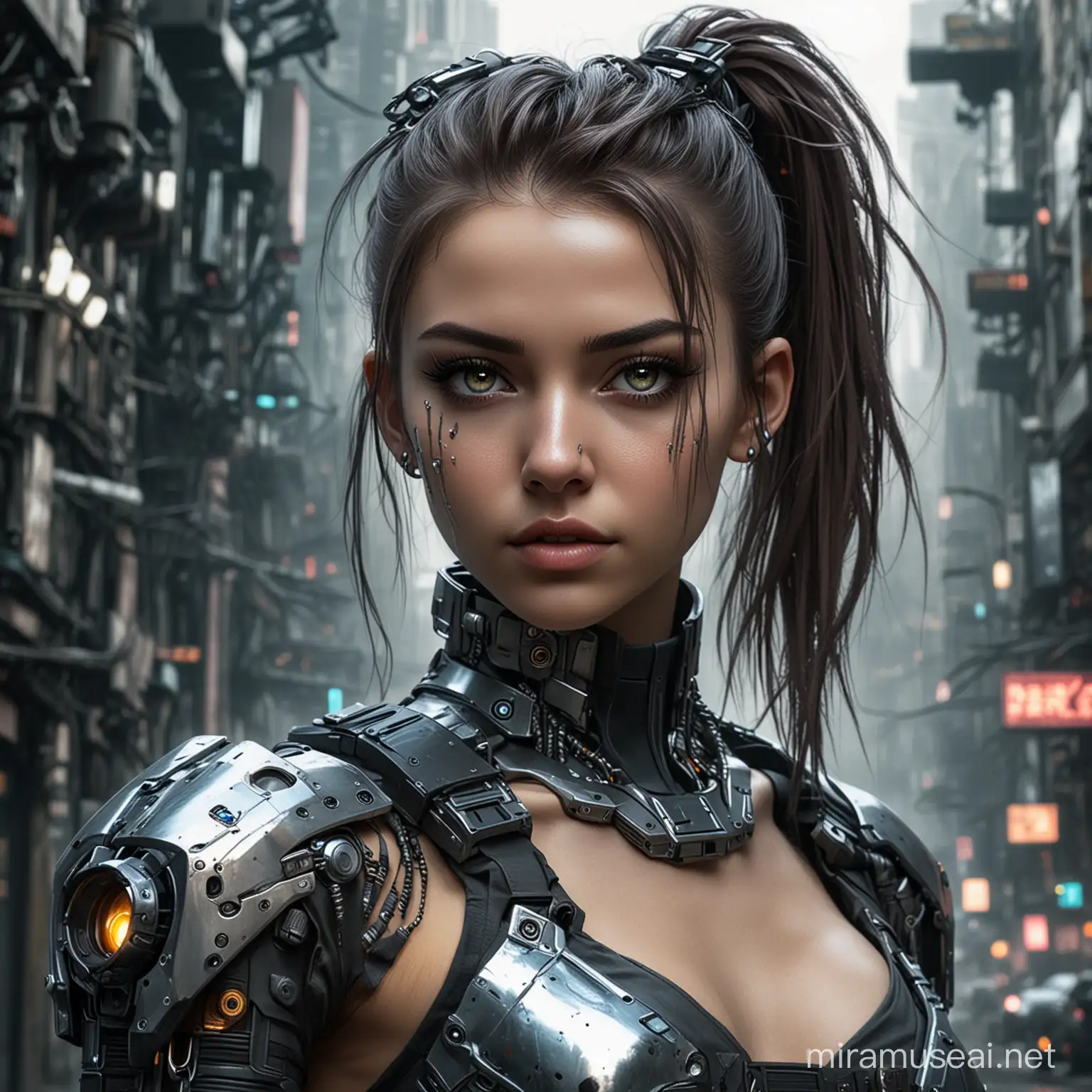 image of a  metalic cyberpunk dystopian girl with 