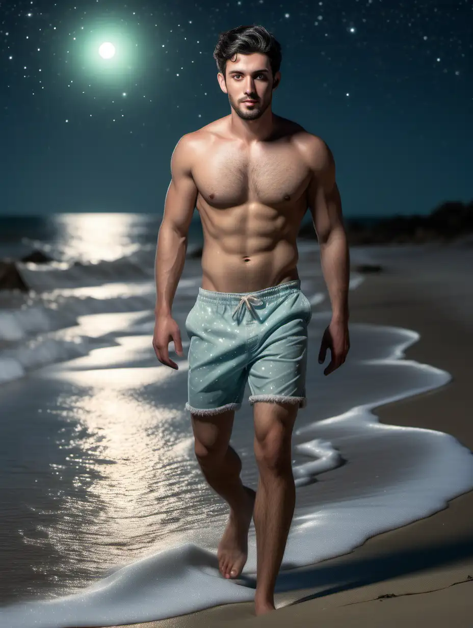 Image of a handsome young 28 year old man, athletic body, thick legs, with freckles, black hair with some gray in it, a thick gray beard, thick eyebrows and light green eyes walking along the beach sand with his feet in the water on a moonlit night full and starry sky wearing light blue shorts without a t-shirt with a hairy chest, highly detailed He looks at his naked mate coming out of the sea, but facing the camera, 3d, 8k
