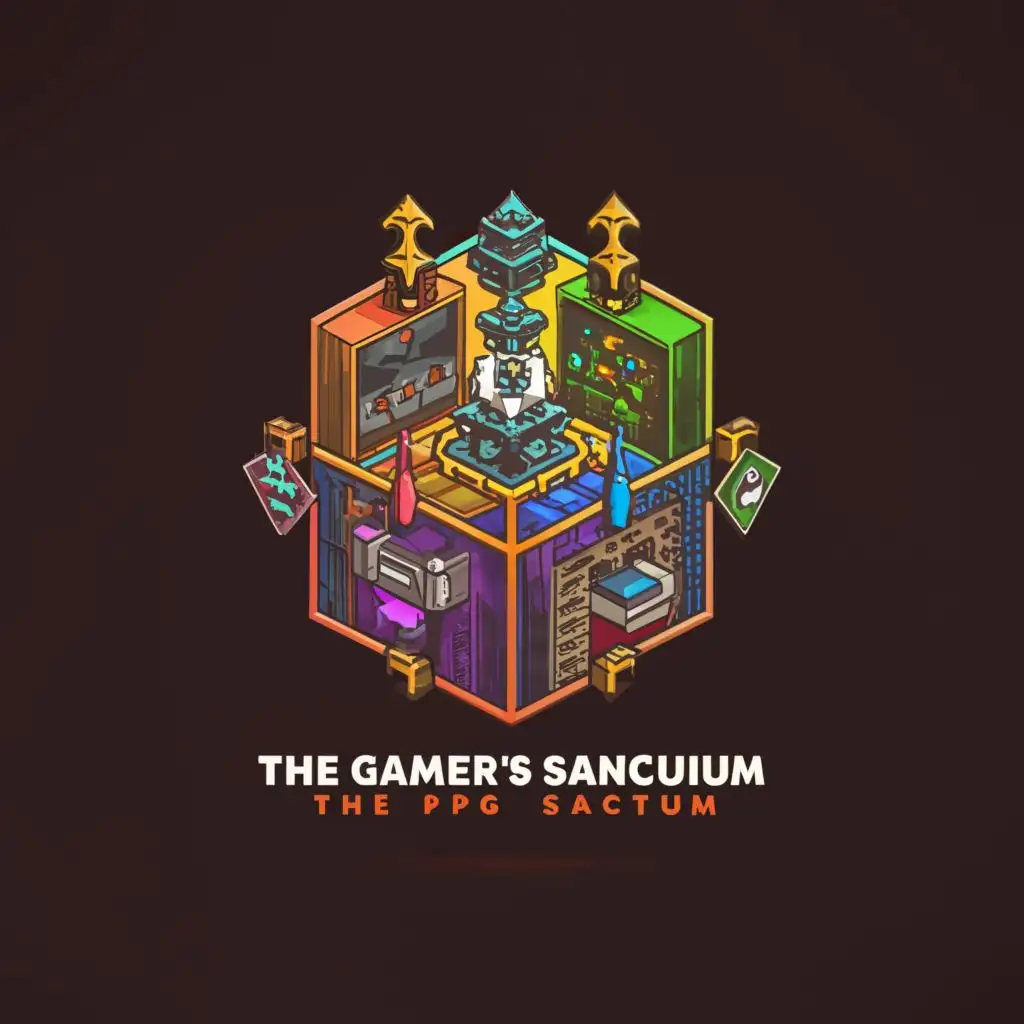 a logo design,with the text "The Gamer's Sanctum", main symbol:computer with rpg video game displayed, world of warcraft, guild wars 2, fortnite, minecraft,complex,be used in Entertainment industry,clear background