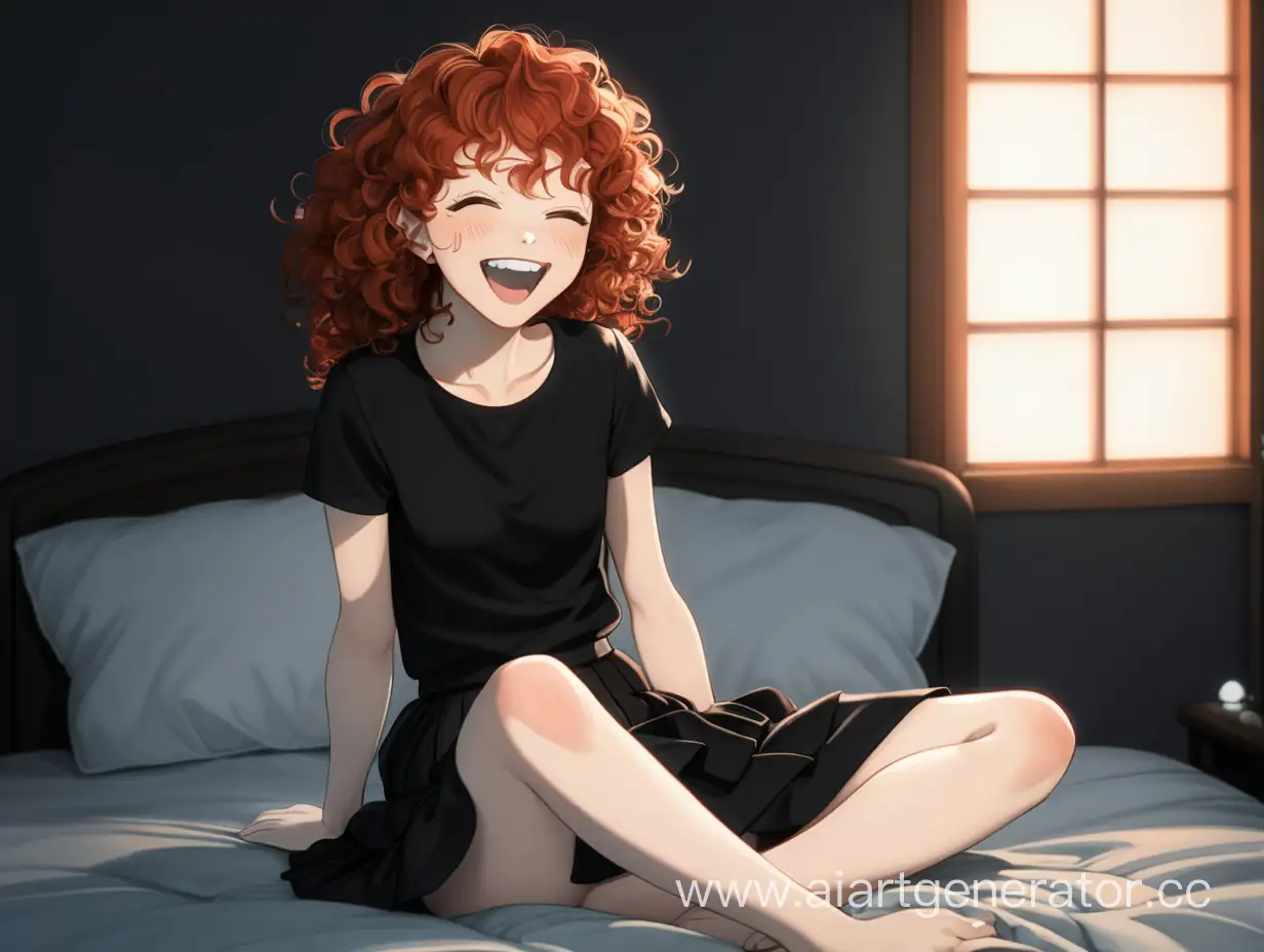 рыжая кудрявая девушка смеется в черном топе и юбке сидит в темноте на кровати  аниме