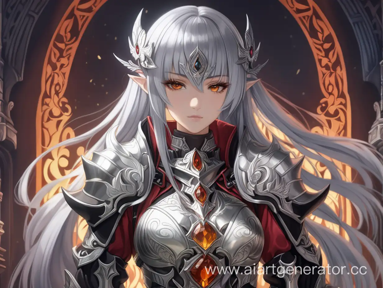 Girl Silver Hair Eyes Amber Red Skin Black

Mistress of the Magicians of Light and Darkness

Wears Imperial Armor

Fantasy World Magicians Anime Style